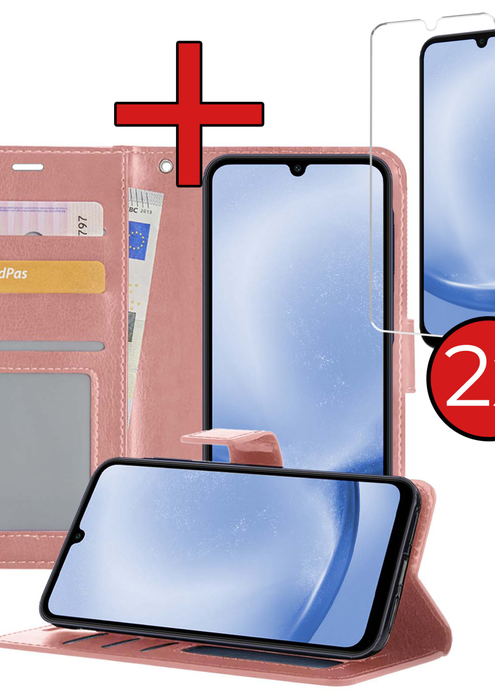 BTH Hoesje Geschikt voor Samsung A25 Hoesje Book Case Hoes Portemonnee Cover Walletcase Met 2x Screenprotector - Hoes Geschikt voor Samsung Galaxy A25 Hoes Bookcase Hoesje - Rosé goud