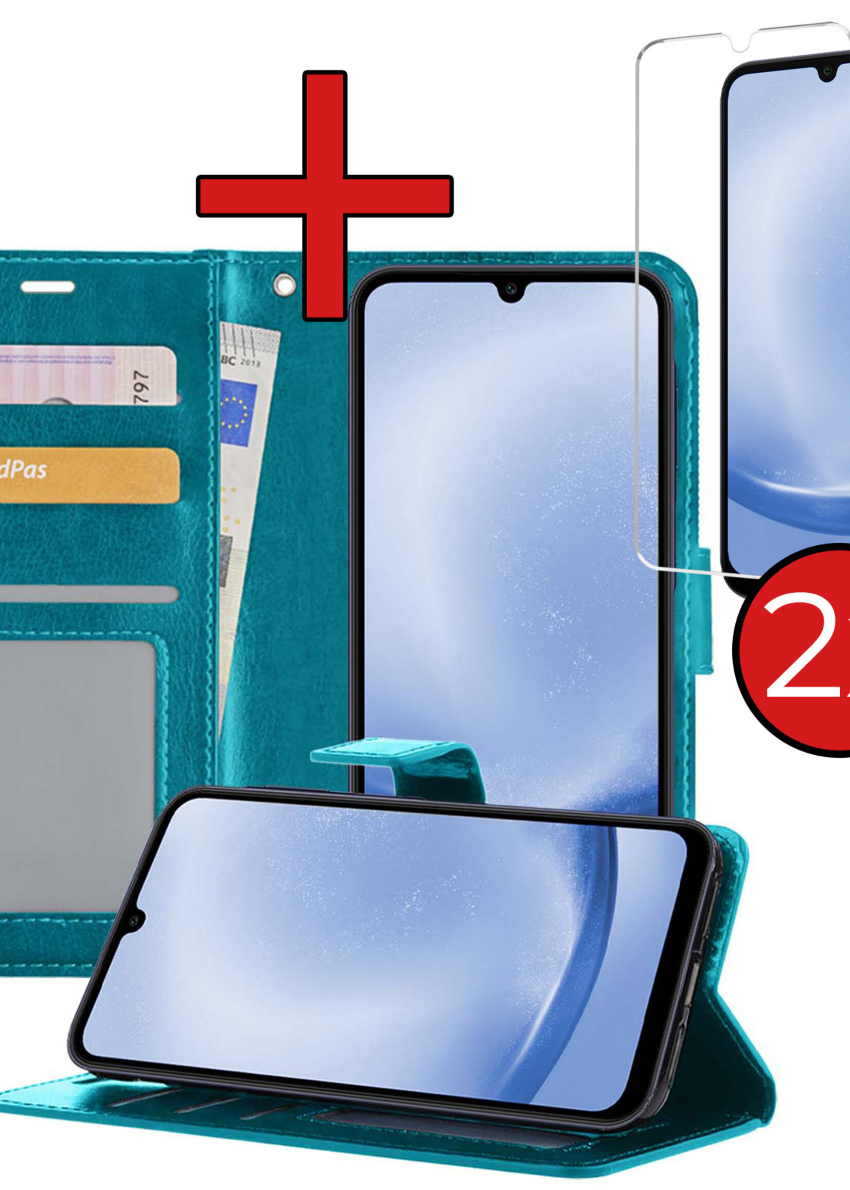 BTH Hoesje Geschikt voor Samsung A25 Hoesje Book Case Hoes Portemonnee Cover Walletcase Met 2x Screenprotector - Hoes Geschikt voor Samsung Galaxy A25 Hoes Bookcase Hoesje - Turquoise