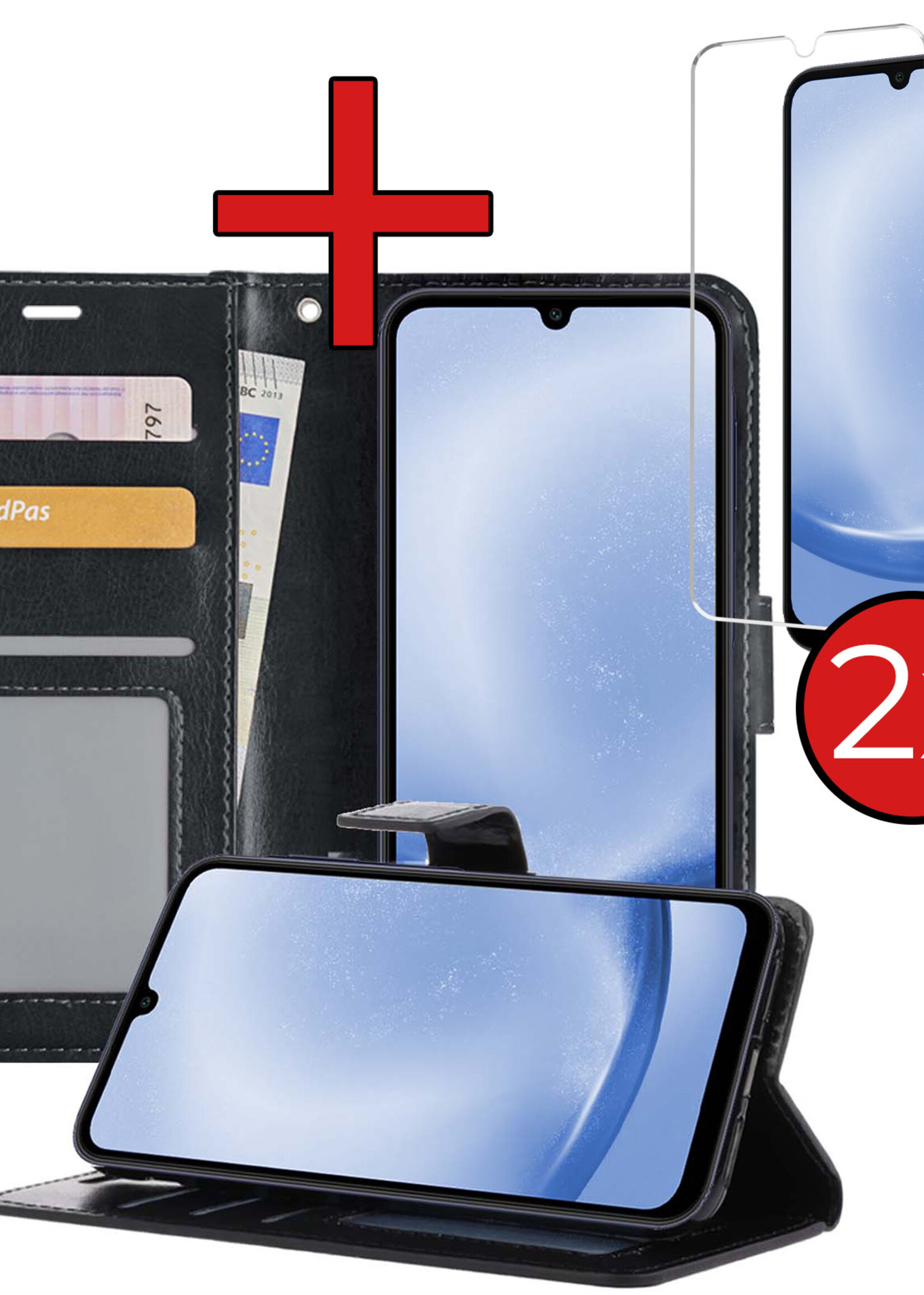 BTH Hoesje Geschikt voor Samsung A25 Hoesje Book Case Hoes Portemonnee Cover Walletcase Met 2x Screenprotector - Hoes Geschikt voor Samsung Galaxy A25 Hoes Bookcase Hoesje - Zwart