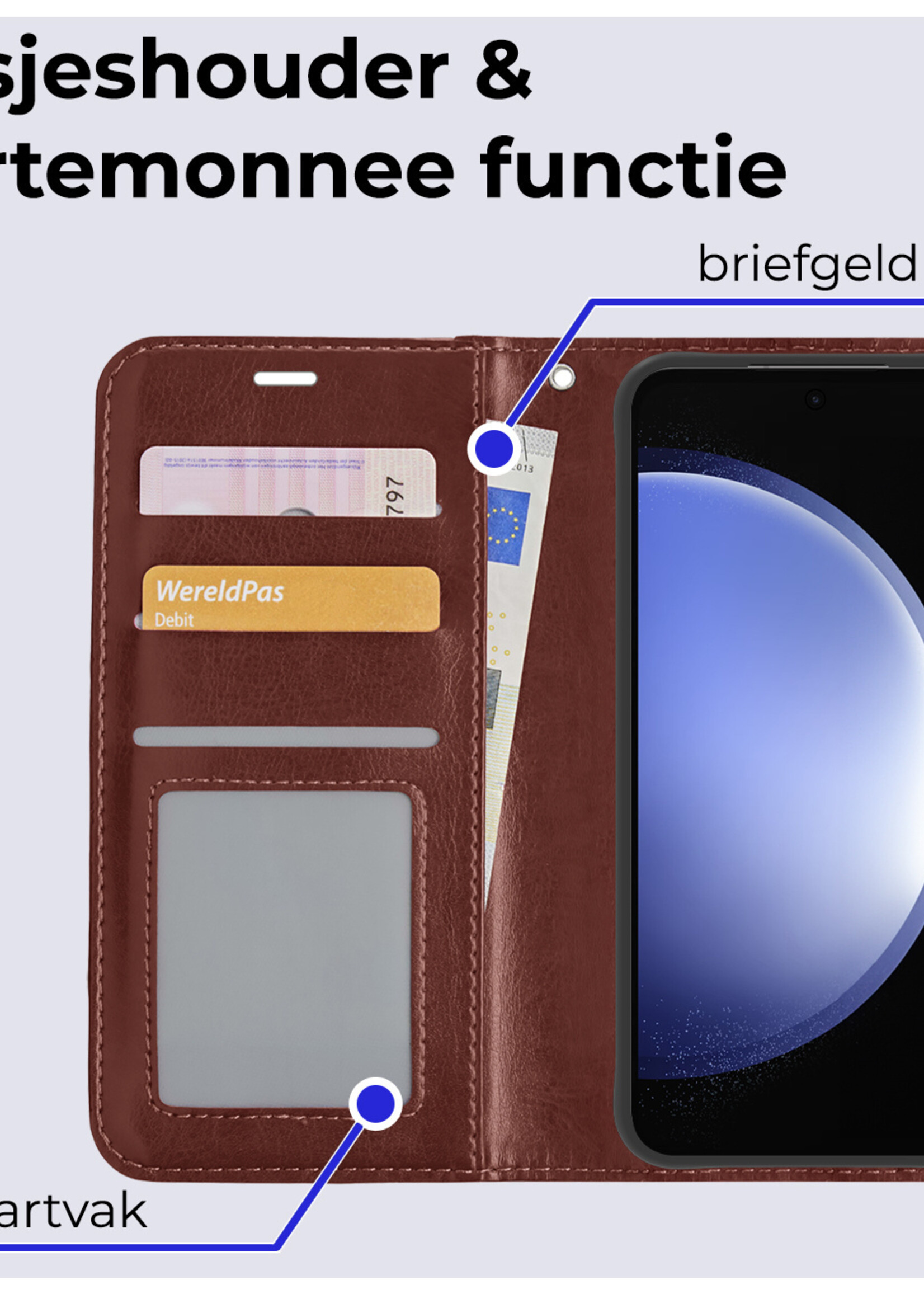 BTH Hoesje Geschikt voor Samsung S23 FE Hoesje Book Case Hoes Portemonnee Cover Walletcase Met Screenprotector - Hoes Geschikt voor Samsung Galaxy S23 FE Hoes Bookcase Hoesje - Bruin