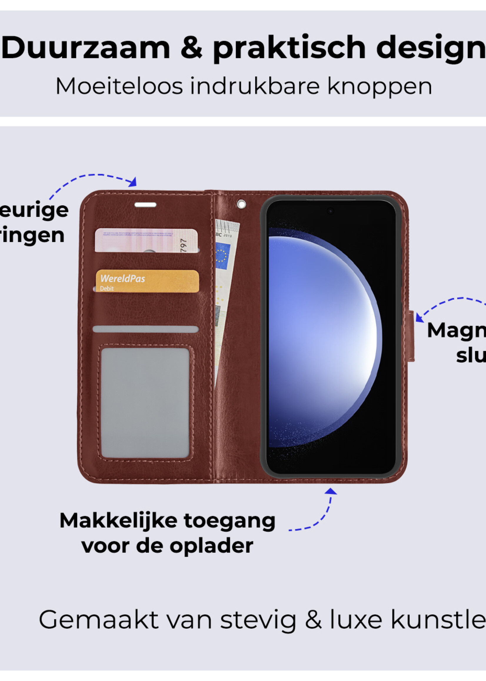 BTH Hoesje Geschikt voor Samsung S23 FE Hoesje Book Case Hoes Portemonnee Cover Walletcase Met Screenprotector - Hoes Geschikt voor Samsung Galaxy S23 FE Hoes Bookcase Hoesje - Bruin