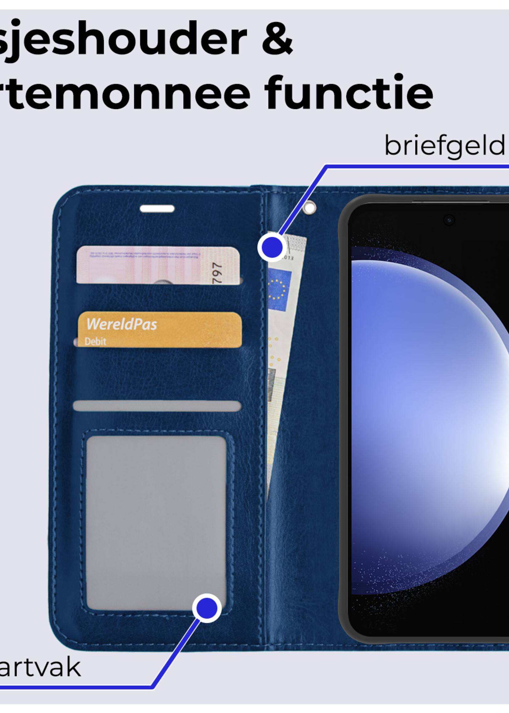 BTH Hoesje Geschikt voor Samsung S23 FE Hoesje Book Case Hoes Portemonnee Cover Walletcase Met Screenprotector - Hoes Geschikt voor Samsung Galaxy S23 FE Hoes Bookcase Hoesje - Donkerblauw