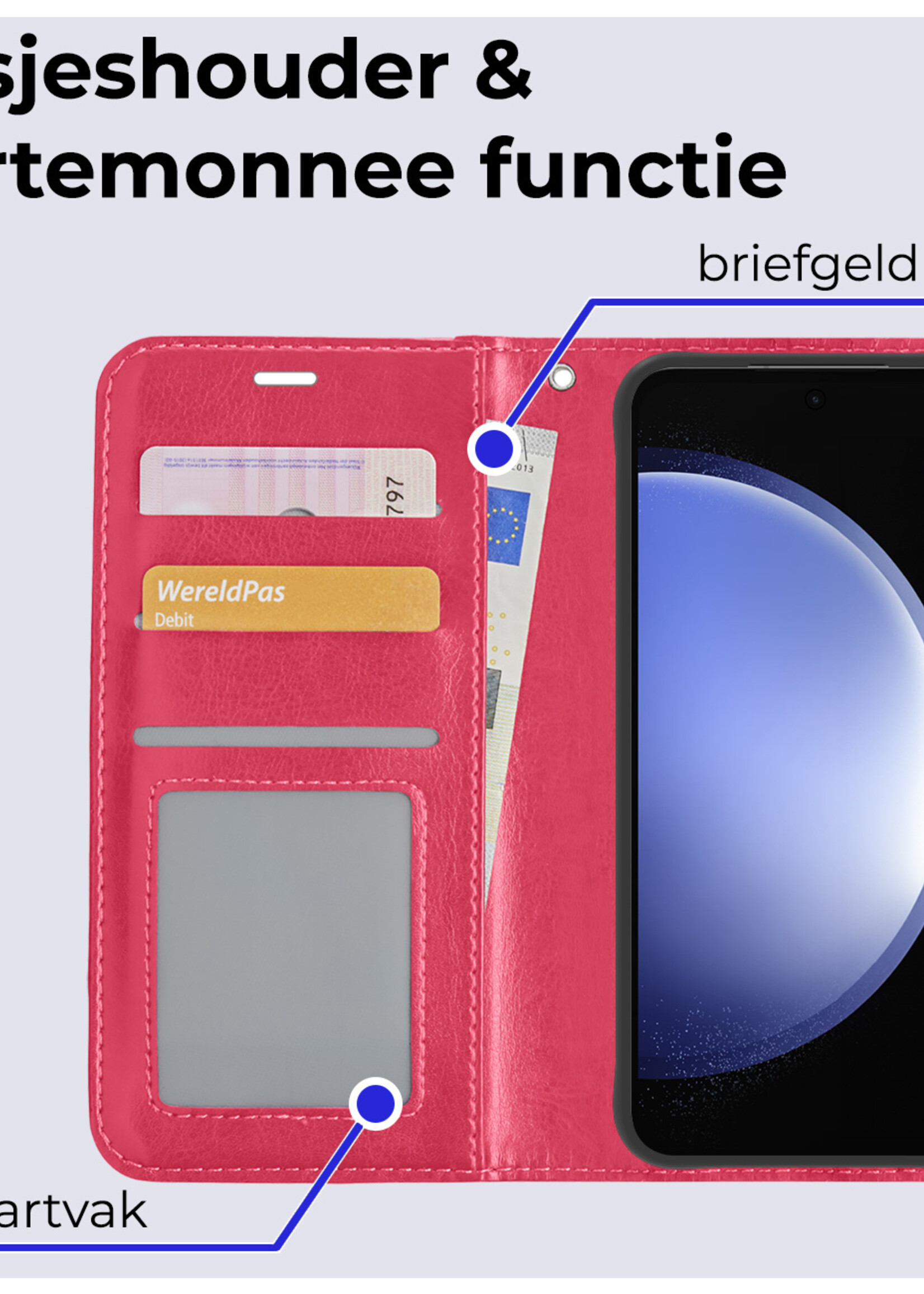 BTH Hoesje Geschikt voor Samsung S23 FE Hoesje Book Case Hoes Portemonnee Cover Walletcase Met Screenprotector - Hoes Geschikt voor Samsung Galaxy S23 FE Hoes Bookcase Hoesje - Donkerroze