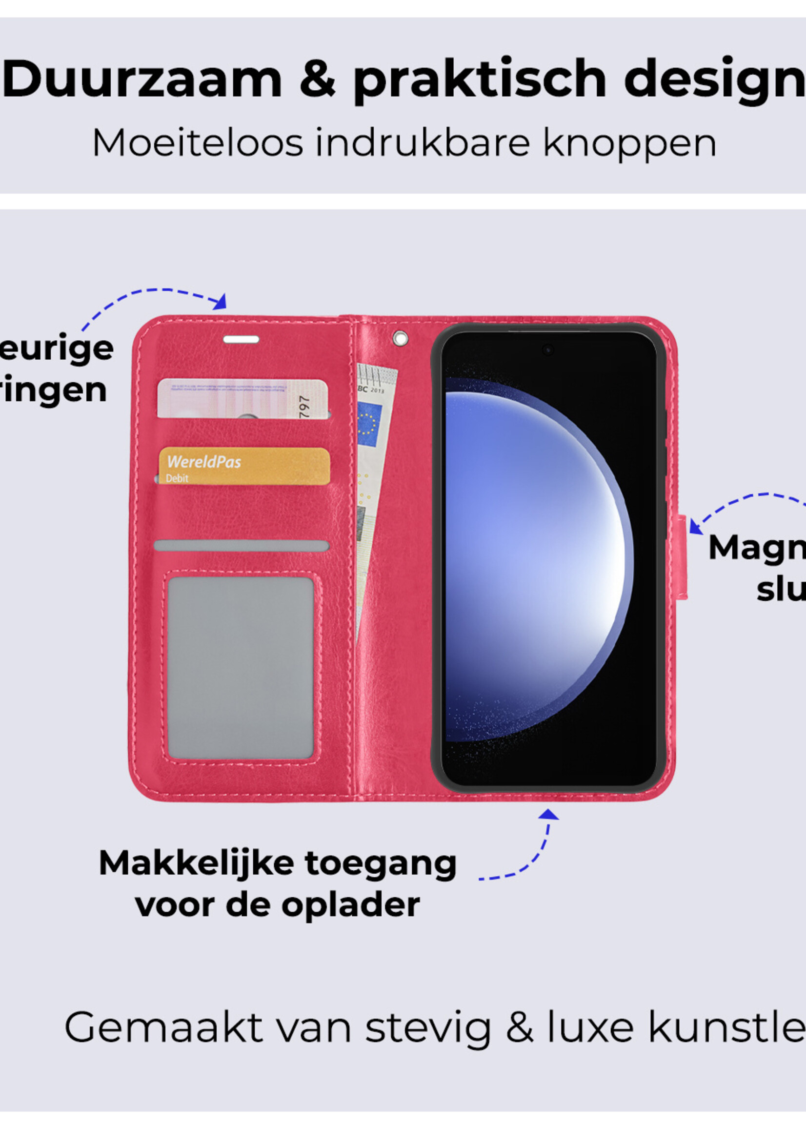 BTH Hoesje Geschikt voor Samsung S23 FE Hoesje Book Case Hoes Portemonnee Cover Walletcase Met Screenprotector - Hoes Geschikt voor Samsung Galaxy S23 FE Hoes Bookcase Hoesje - Donkerroze