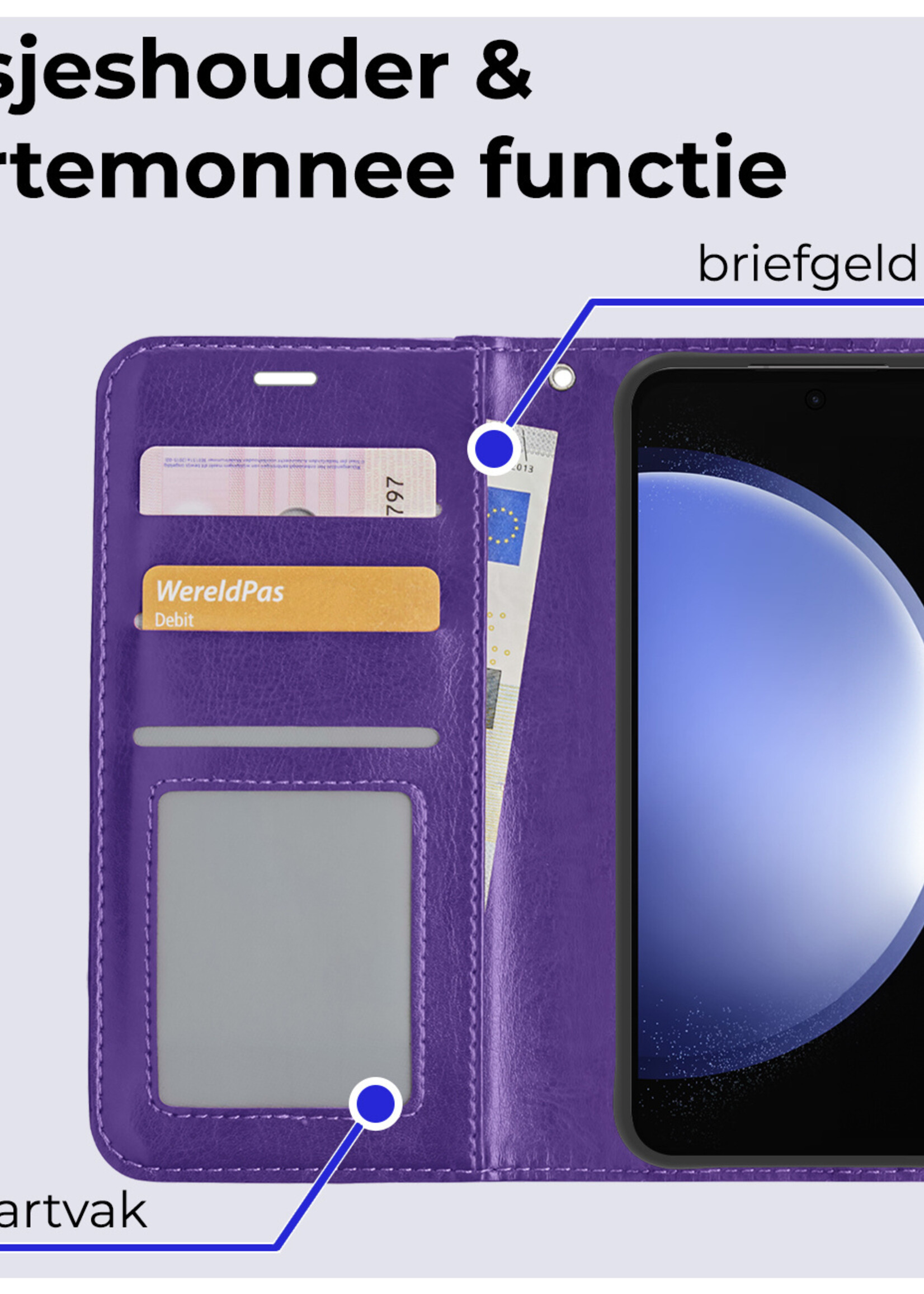 BTH Hoesje Geschikt voor Samsung S23 FE Hoesje Book Case Hoes Portemonnee Cover Walletcase Met Screenprotector - Hoes Geschikt voor Samsung Galaxy S23 FE Hoes Bookcase Hoesje - Paars