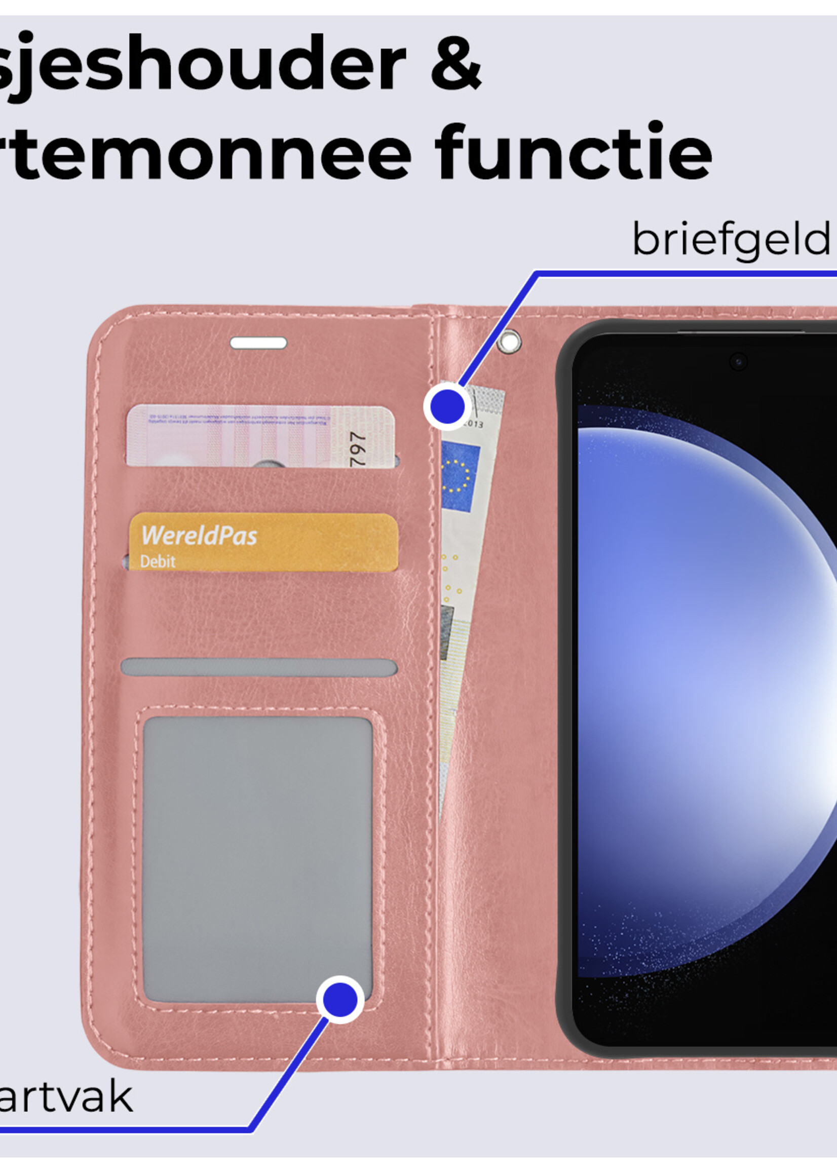 BTH Hoesje Geschikt voor Samsung S23 FE Hoesje Book Case Hoes Portemonnee Cover Walletcase Met Screenprotector - Hoes Geschikt voor Samsung Galaxy S23 FE Hoes Bookcase Hoesje - Rosé goud