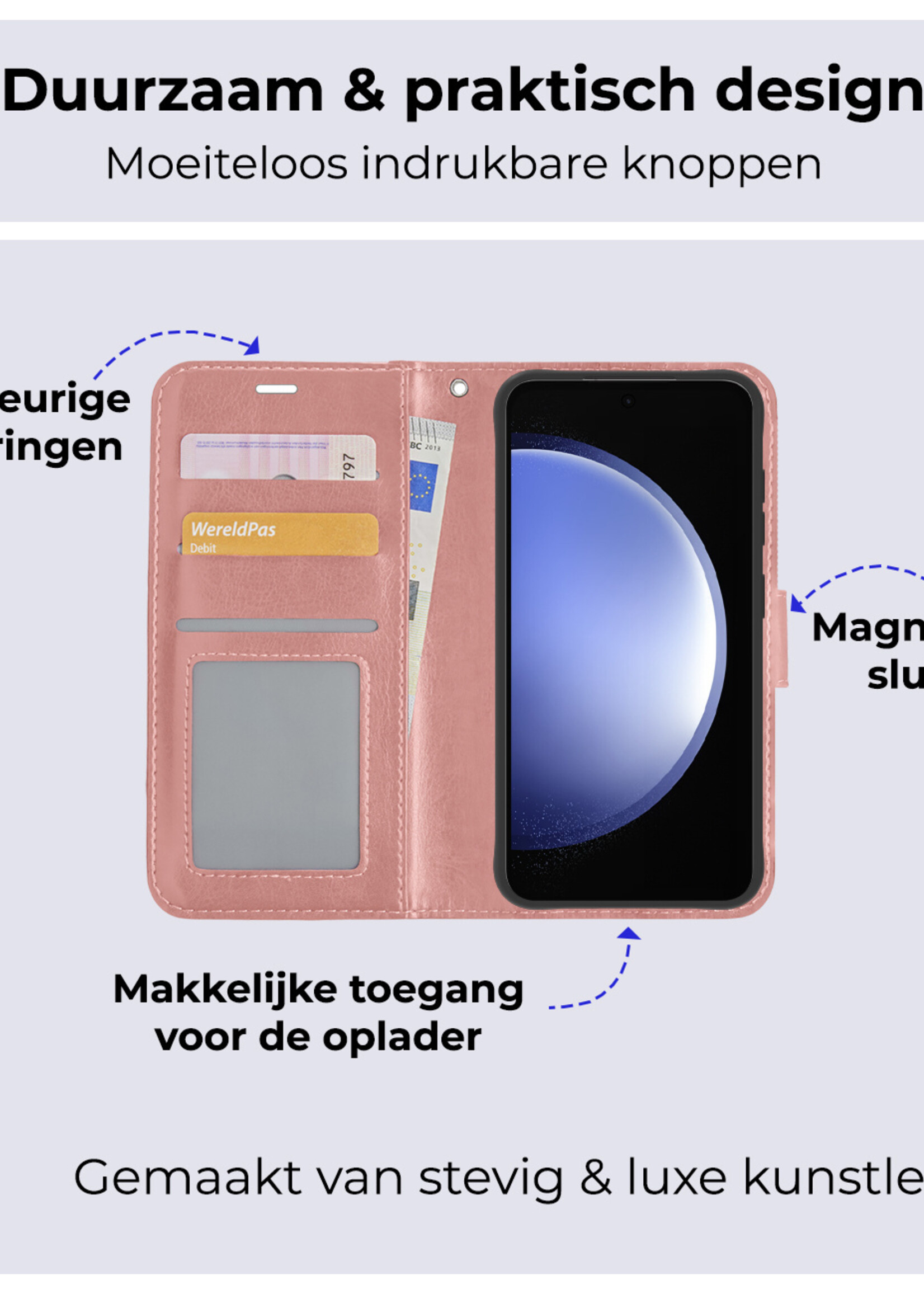 BTH Hoesje Geschikt voor Samsung S23 FE Hoesje Book Case Hoes Portemonnee Cover Walletcase Met Screenprotector - Hoes Geschikt voor Samsung Galaxy S23 FE Hoes Bookcase Hoesje - Rosé goud