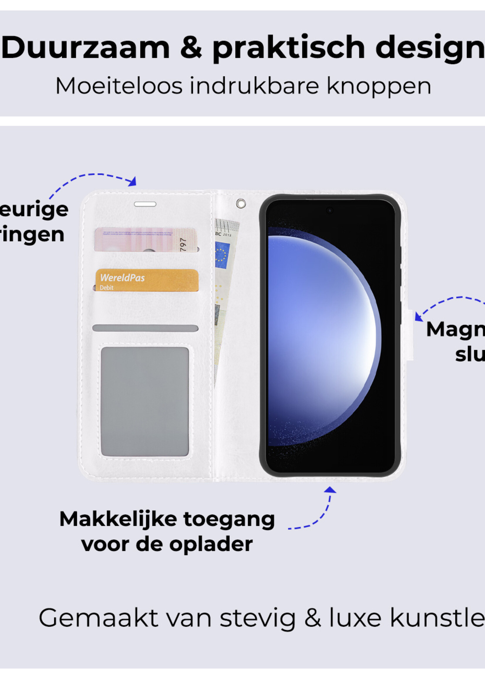 BTH Hoesje Geschikt voor Samsung S23 FE Hoesje Book Case Hoes Portemonnee Cover Walletcase Met Screenprotector - Hoes Geschikt voor Samsung Galaxy S23 FE Hoes Bookcase Hoesje - Wit