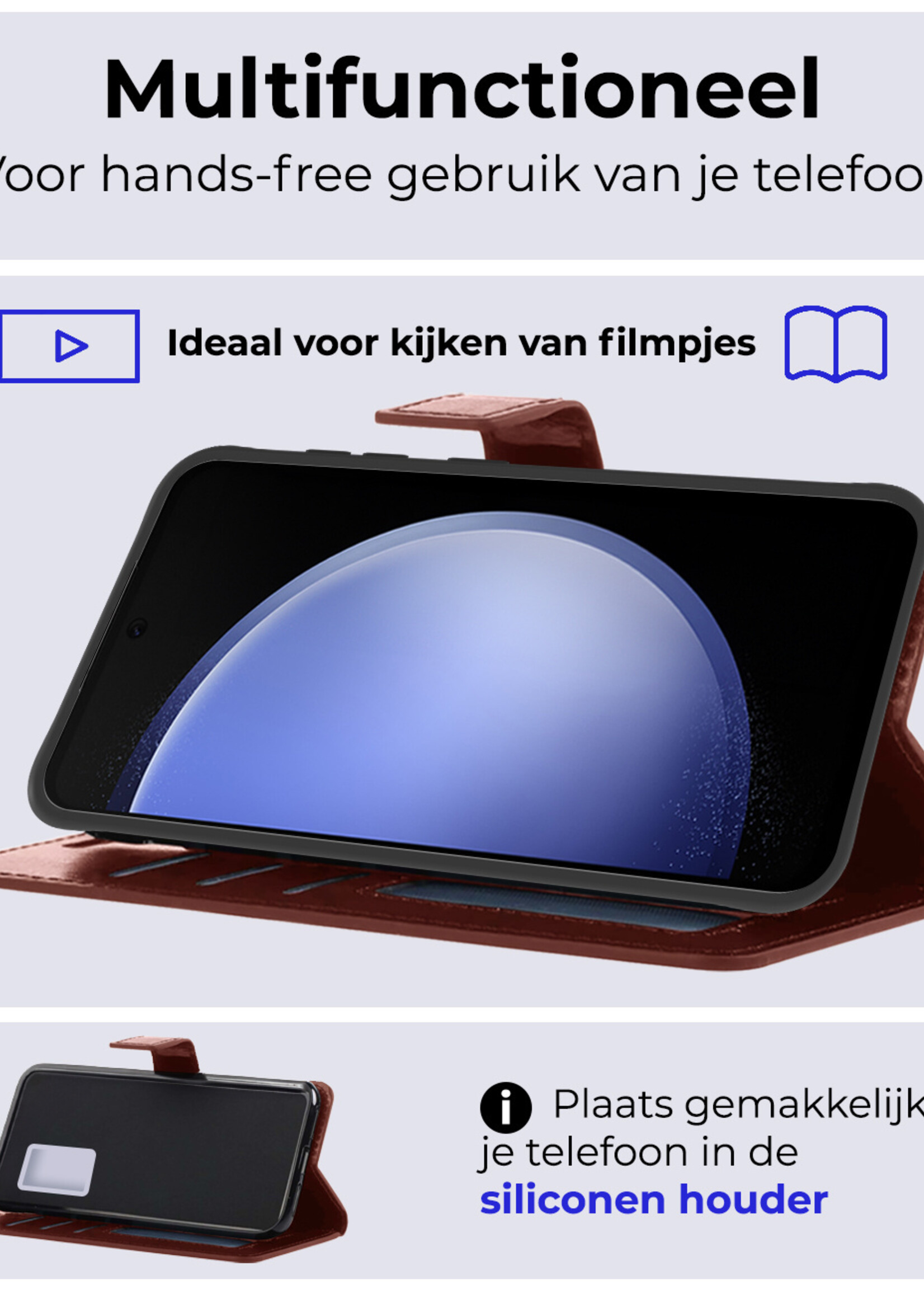 BTH Hoesje Geschikt voor Samsung S23 FE Hoesje Book Case Hoes Portemonnee Cover Walletcase Met 2x Screenprotector - Hoes Geschikt voor Samsung Galaxy S23 FE Hoes Bookcase Hoesje - Bruin