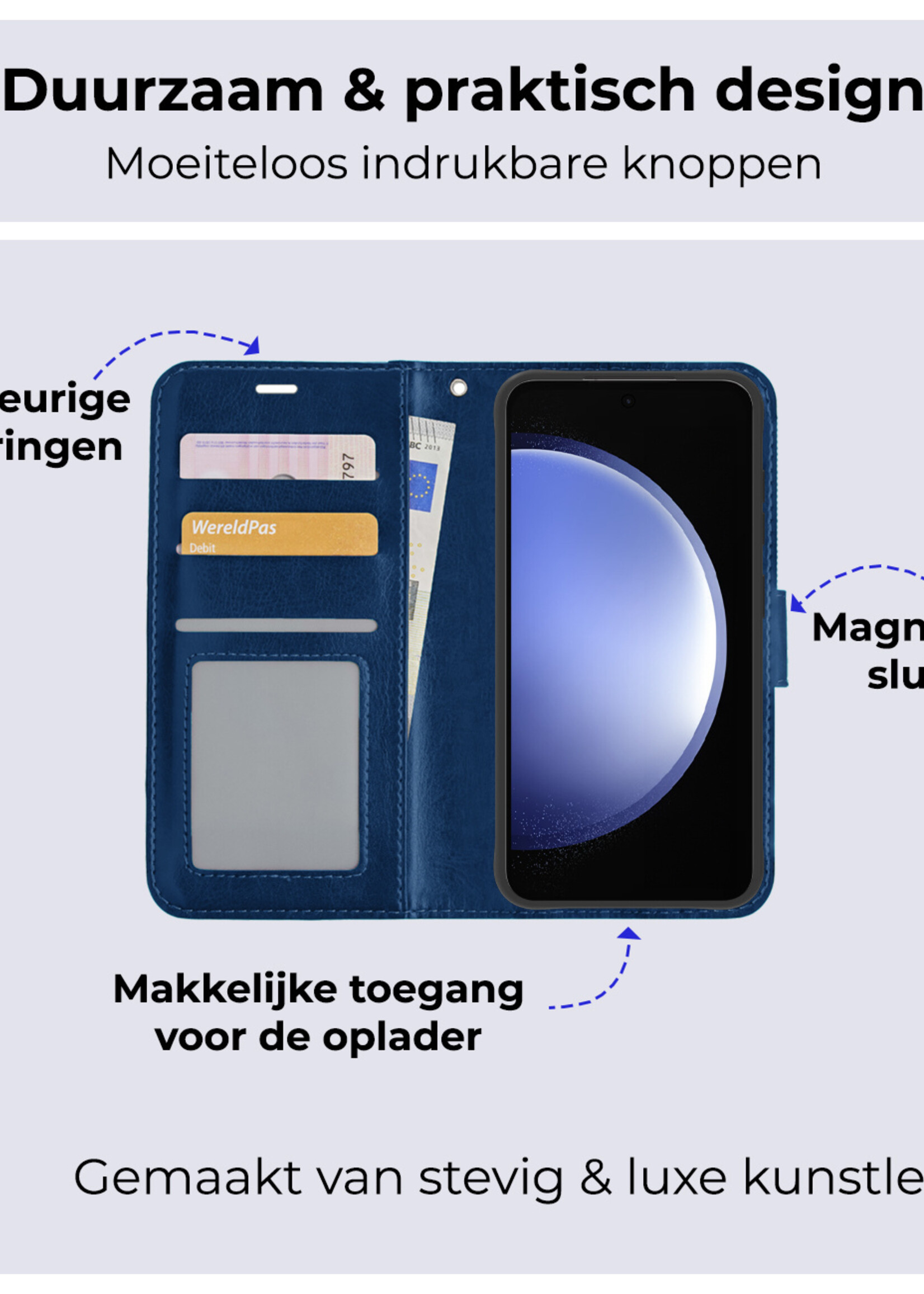 BTH Hoesje Geschikt voor Samsung S23 FE Hoesje Book Case Hoes Portemonnee Cover Walletcase Met 2x Screenprotector - Hoes Geschikt voor Samsung Galaxy S23 FE Hoes Bookcase Hoesje - Donkerblauw