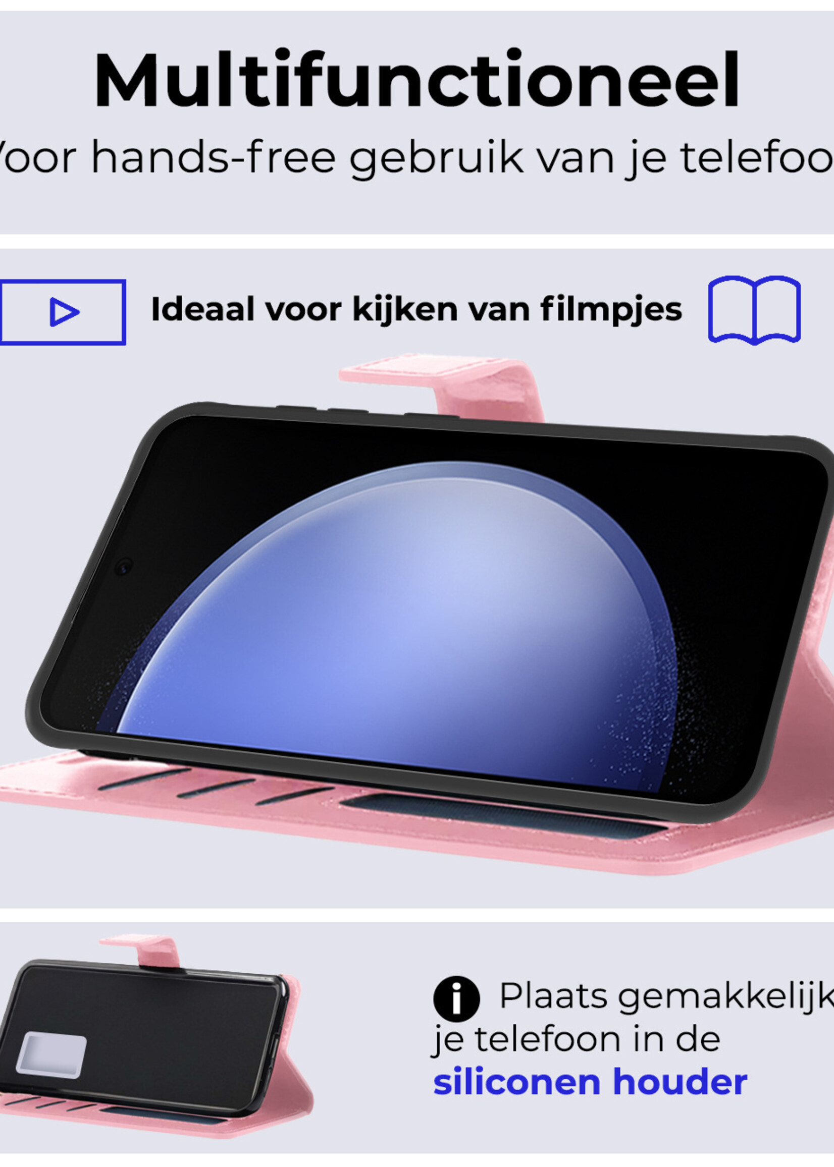 BTH Hoesje Geschikt voor Samsung S23 FE Hoesje Book Case Hoes Portemonnee Cover Walletcase Met 2x Screenprotector - Hoes Geschikt voor Samsung Galaxy S23 FE Hoes Bookcase Hoesje - Lichtroze