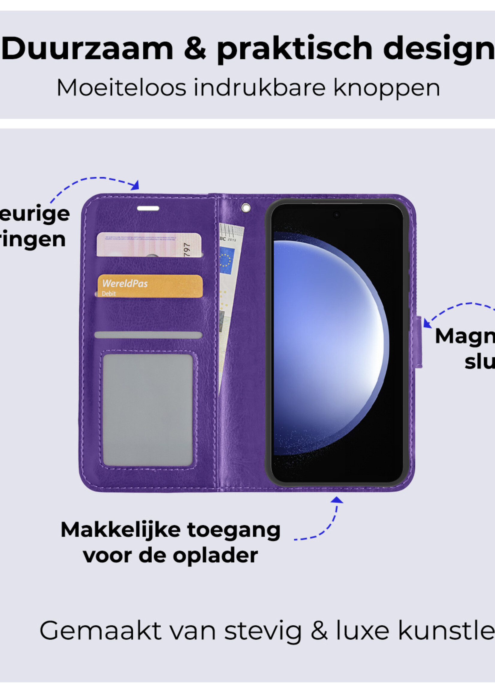 BTH Hoesje Geschikt voor Samsung S23 FE Hoesje Book Case Hoes Portemonnee Cover Walletcase Met 2x Screenprotector - Hoes Geschikt voor Samsung Galaxy S23 FE Hoes Bookcase Hoesje - Paars