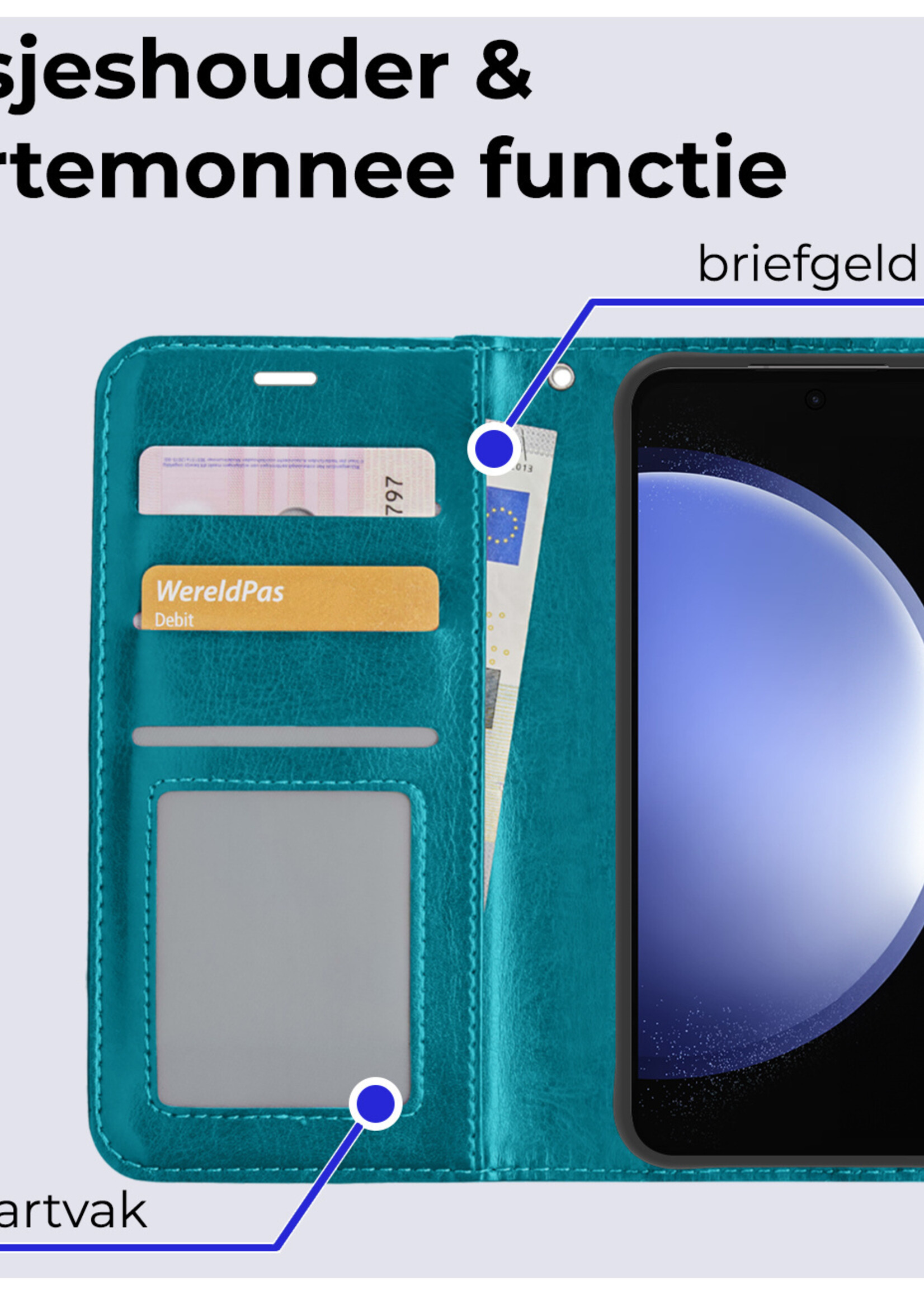 BTH Hoesje Geschikt voor Samsung S23 FE Hoesje Book Case Hoes Portemonnee Cover Walletcase Met 2x Screenprotector - Hoes Geschikt voor Samsung Galaxy S23 FE Hoes Bookcase Hoesje - Turquoise
