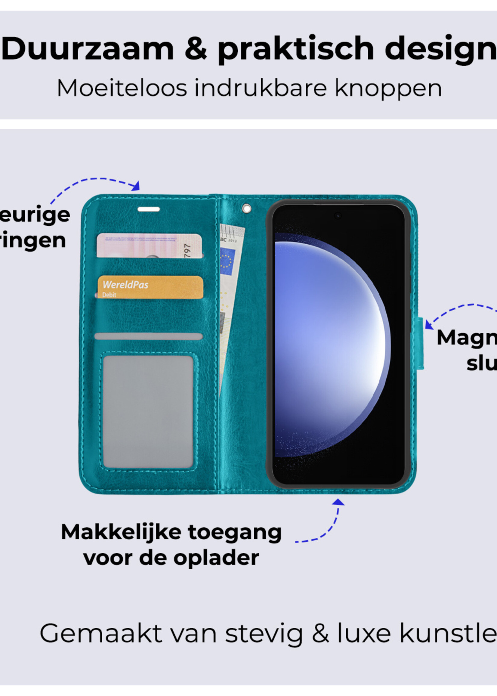 BTH Hoesje Geschikt voor Samsung S23 FE Hoesje Book Case Hoes Portemonnee Cover Walletcase Met 2x Screenprotector - Hoes Geschikt voor Samsung Galaxy S23 FE Hoes Bookcase Hoesje - Turquoise