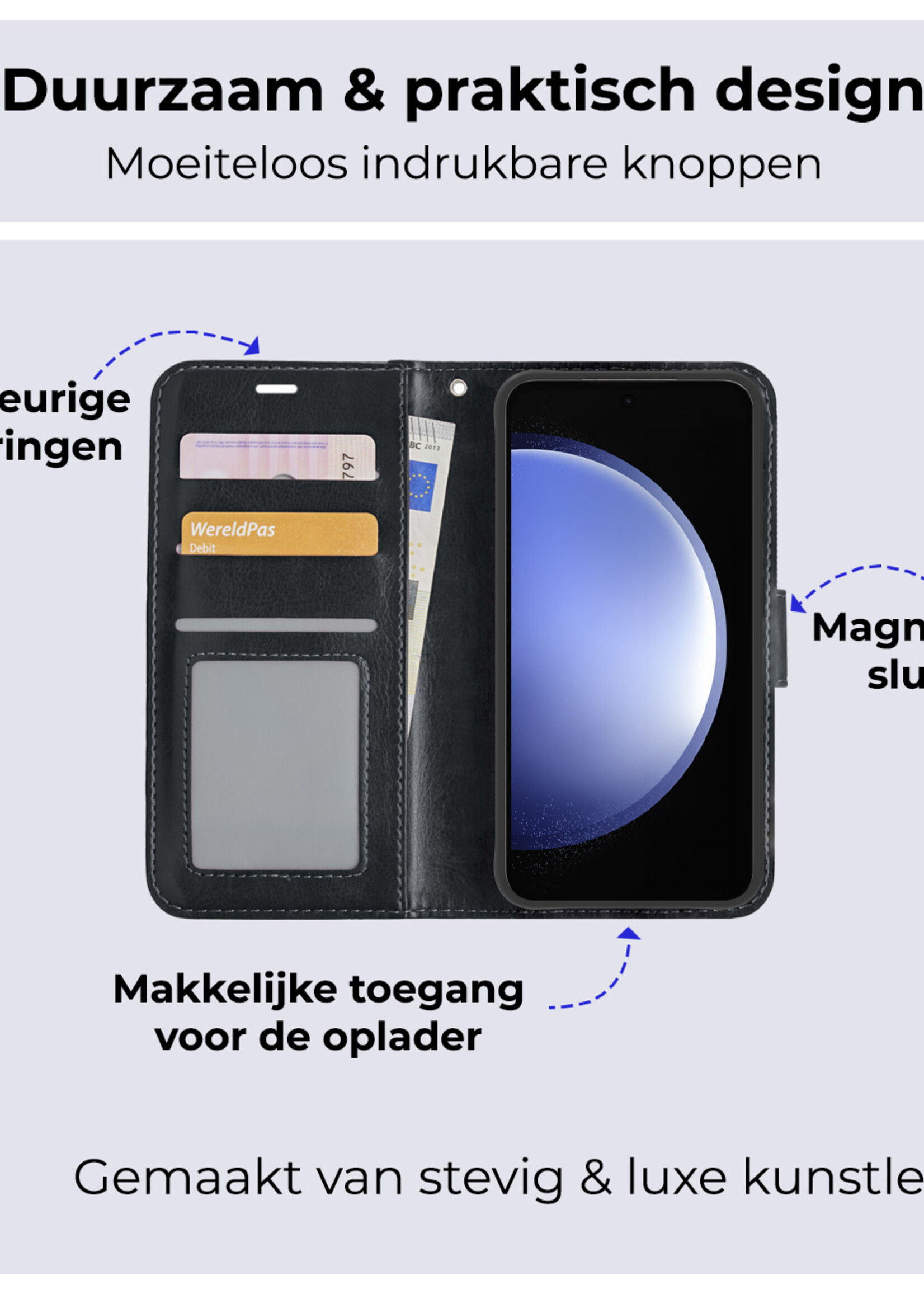 BTH Hoesje Geschikt voor Samsung S23 FE Hoesje Book Case Hoes Portemonnee Cover Walletcase Met 2x Screenprotector - Hoes Geschikt voor Samsung Galaxy S23 FE Hoes Bookcase Hoesje - Zwart