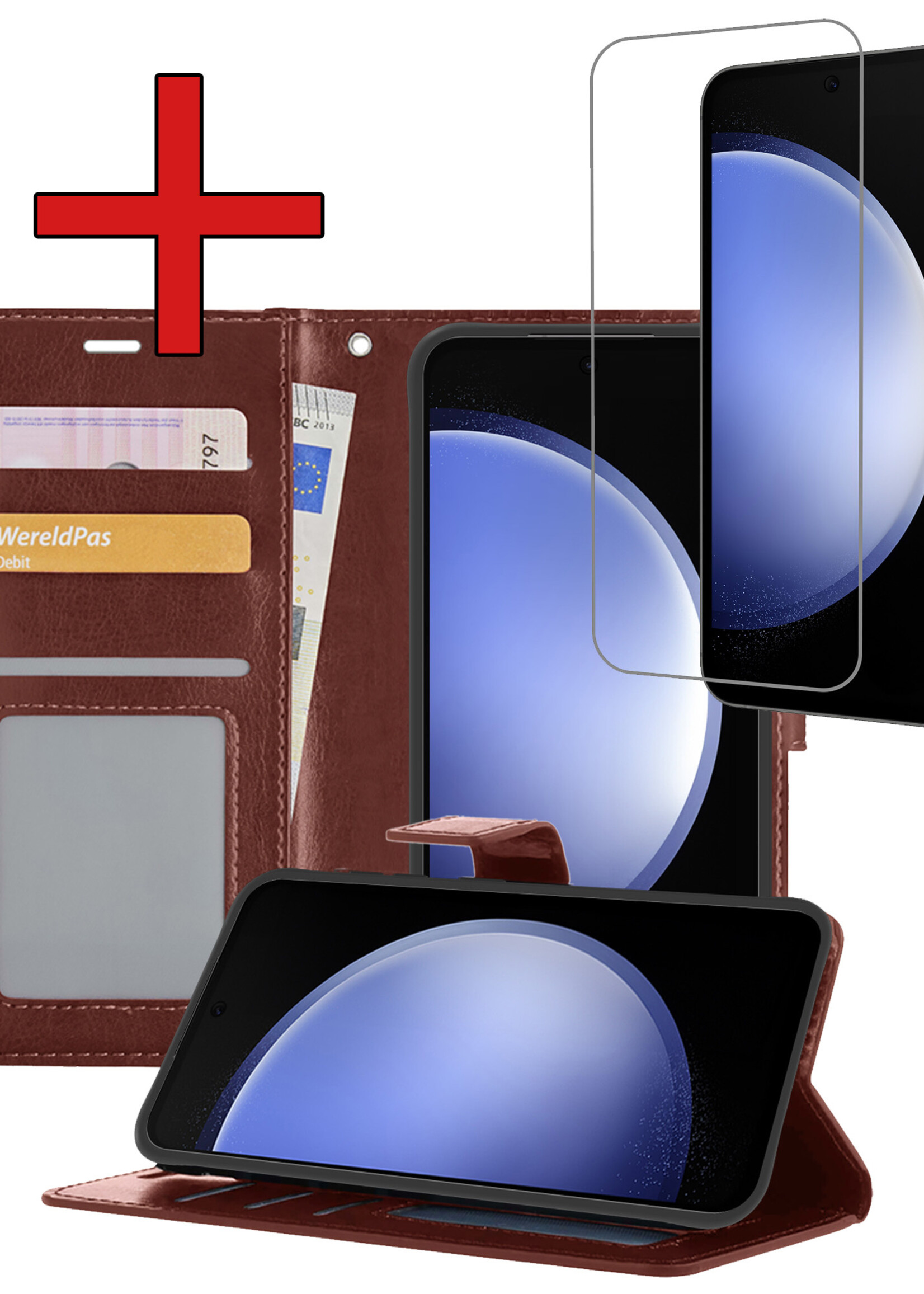 BTH Hoesje Geschikt voor Samsung S23 FE Hoesje Book Case Hoes Portemonnee Cover Walletcase Met Screenprotector - Hoes Geschikt voor Samsung Galaxy S23 FE Hoes Bookcase Hoesje - Bruin