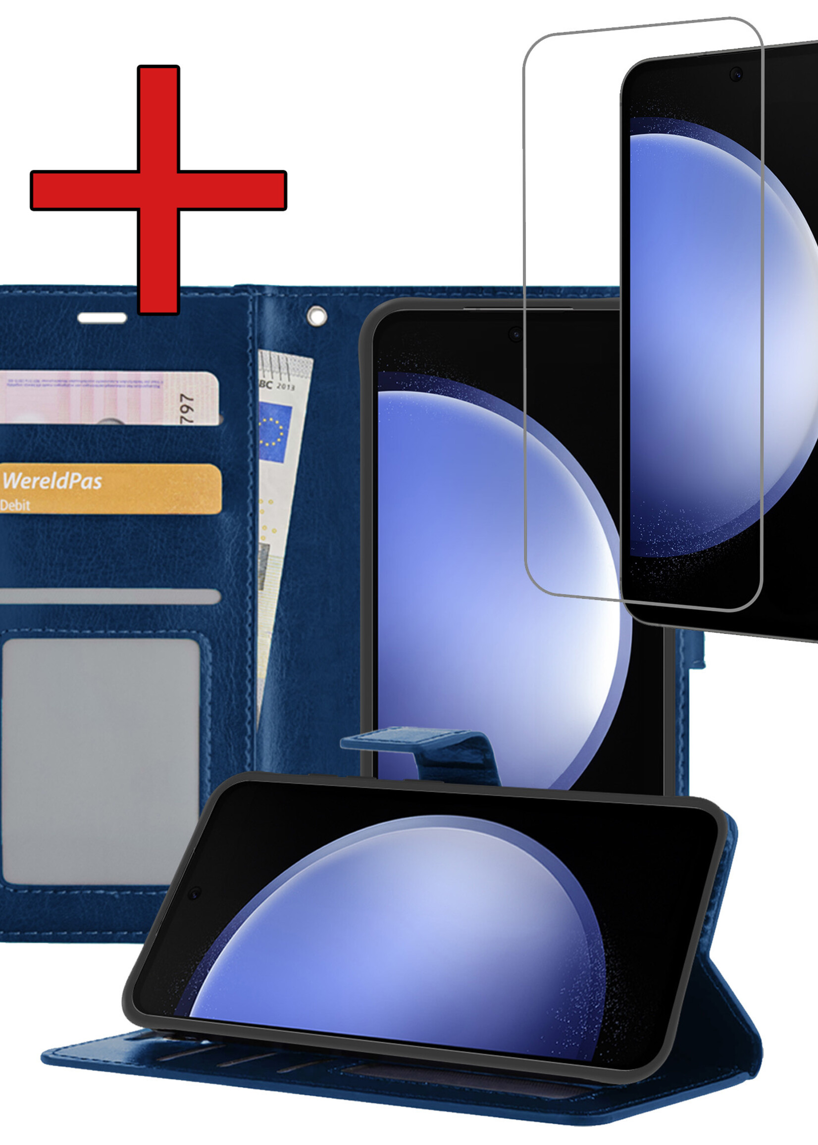 BTH Hoesje Geschikt voor Samsung S23 FE Hoesje Book Case Hoes Portemonnee Cover Walletcase Met Screenprotector - Hoes Geschikt voor Samsung Galaxy S23 FE Hoes Bookcase Hoesje - Donkerblauw