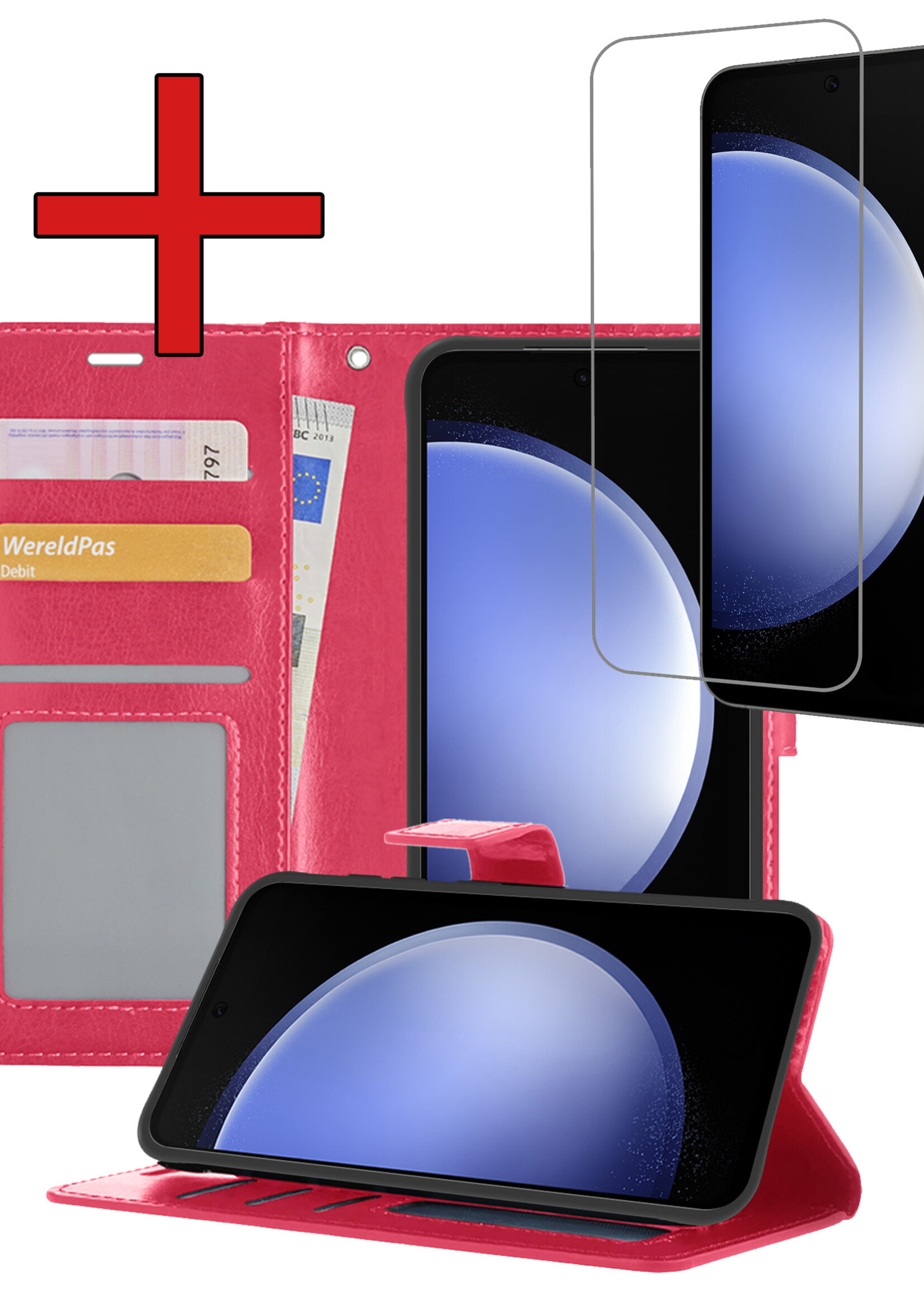 BTH Hoesje Geschikt voor Samsung S23 FE Hoesje Book Case Hoes Portemonnee Cover Walletcase Met Screenprotector - Hoes Geschikt voor Samsung Galaxy S23 FE Hoes Bookcase Hoesje - Donkerroze