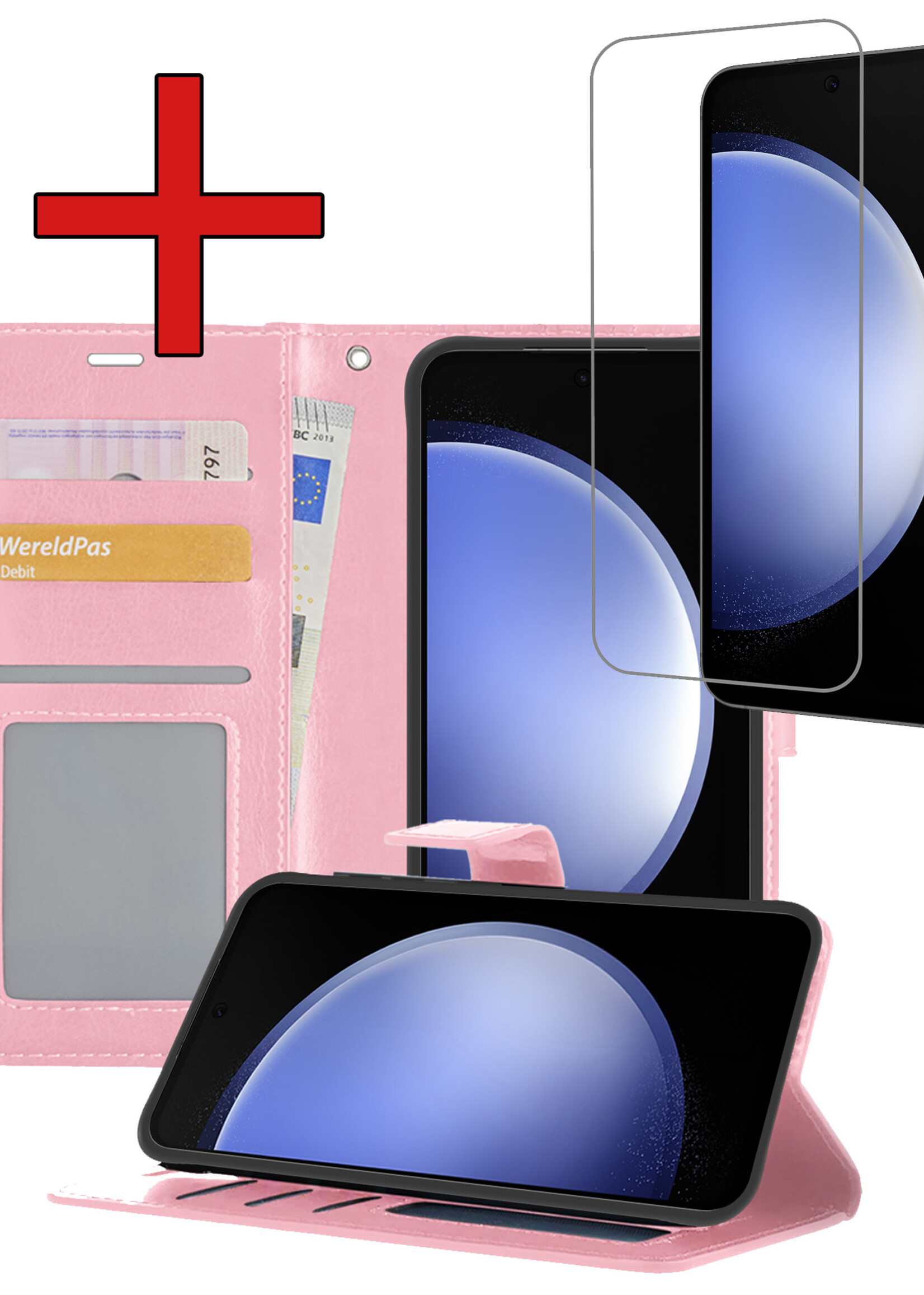 BTH Hoesje Geschikt voor Samsung S23 FE Hoesje Book Case Hoes Portemonnee Cover Walletcase Met Screenprotector - Hoes Geschikt voor Samsung Galaxy S23 FE Hoes Bookcase Hoesje - Lichtroze