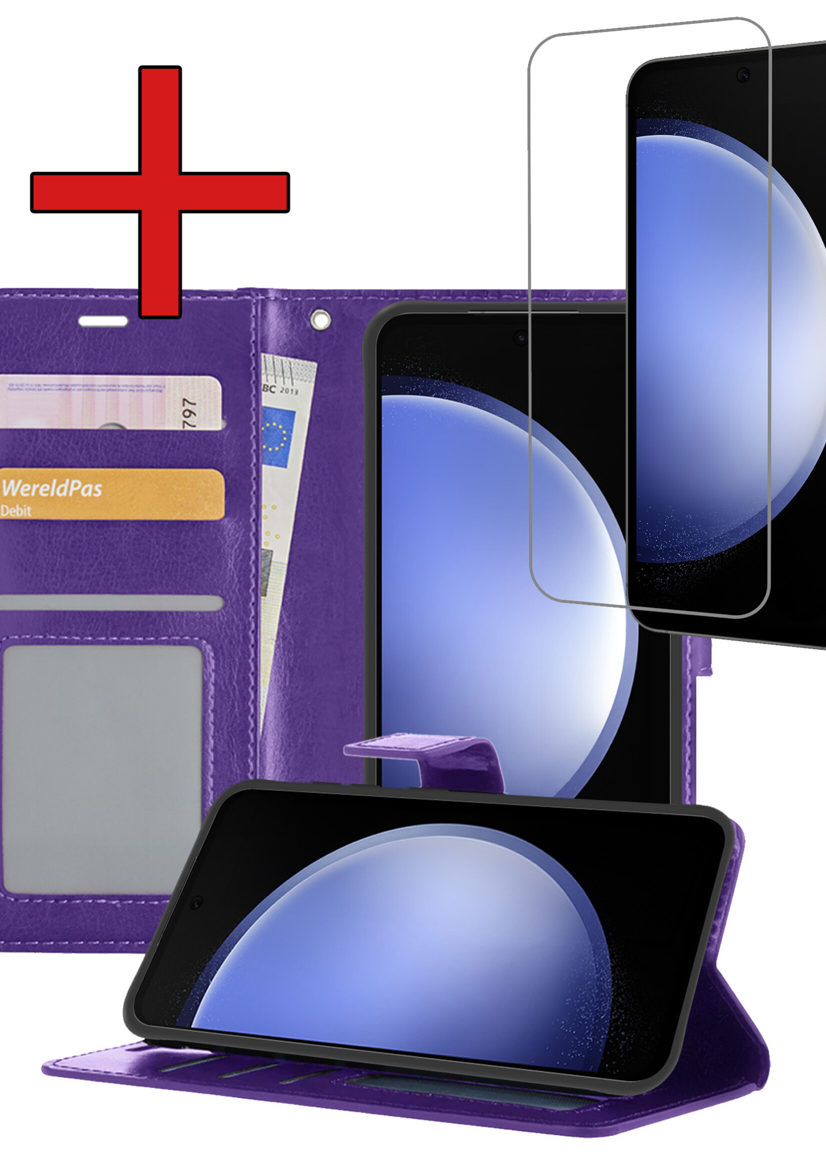 BTH Hoesje Geschikt voor Samsung S23 FE Hoesje Book Case Hoes Portemonnee Cover Walletcase Met Screenprotector - Hoes Geschikt voor Samsung Galaxy S23 FE Hoes Bookcase Hoesje - Paars