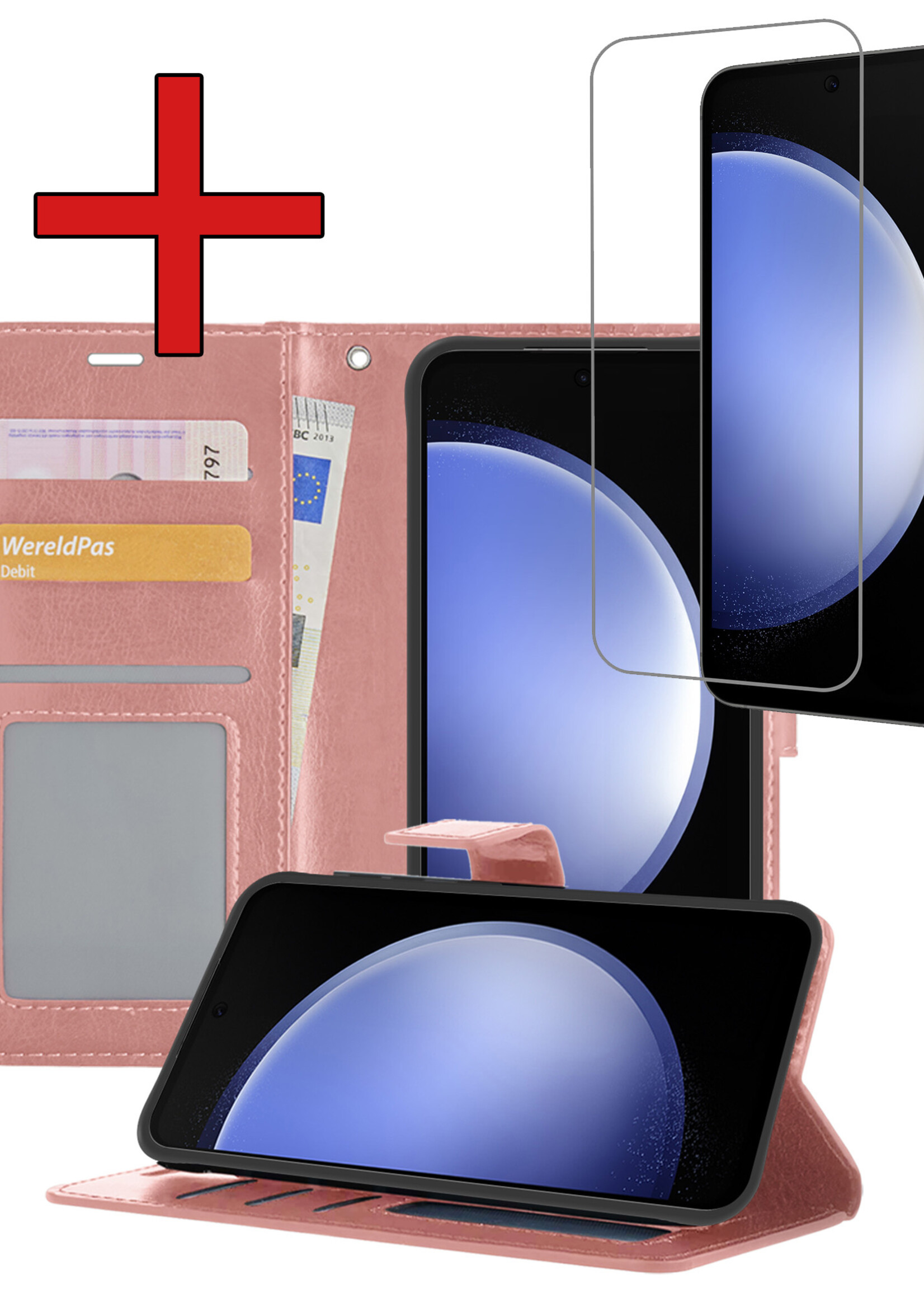 BTH Hoesje Geschikt voor Samsung S23 FE Hoesje Book Case Hoes Portemonnee Cover Walletcase Met Screenprotector - Hoes Geschikt voor Samsung Galaxy S23 FE Hoes Bookcase Hoesje - Rosé goud