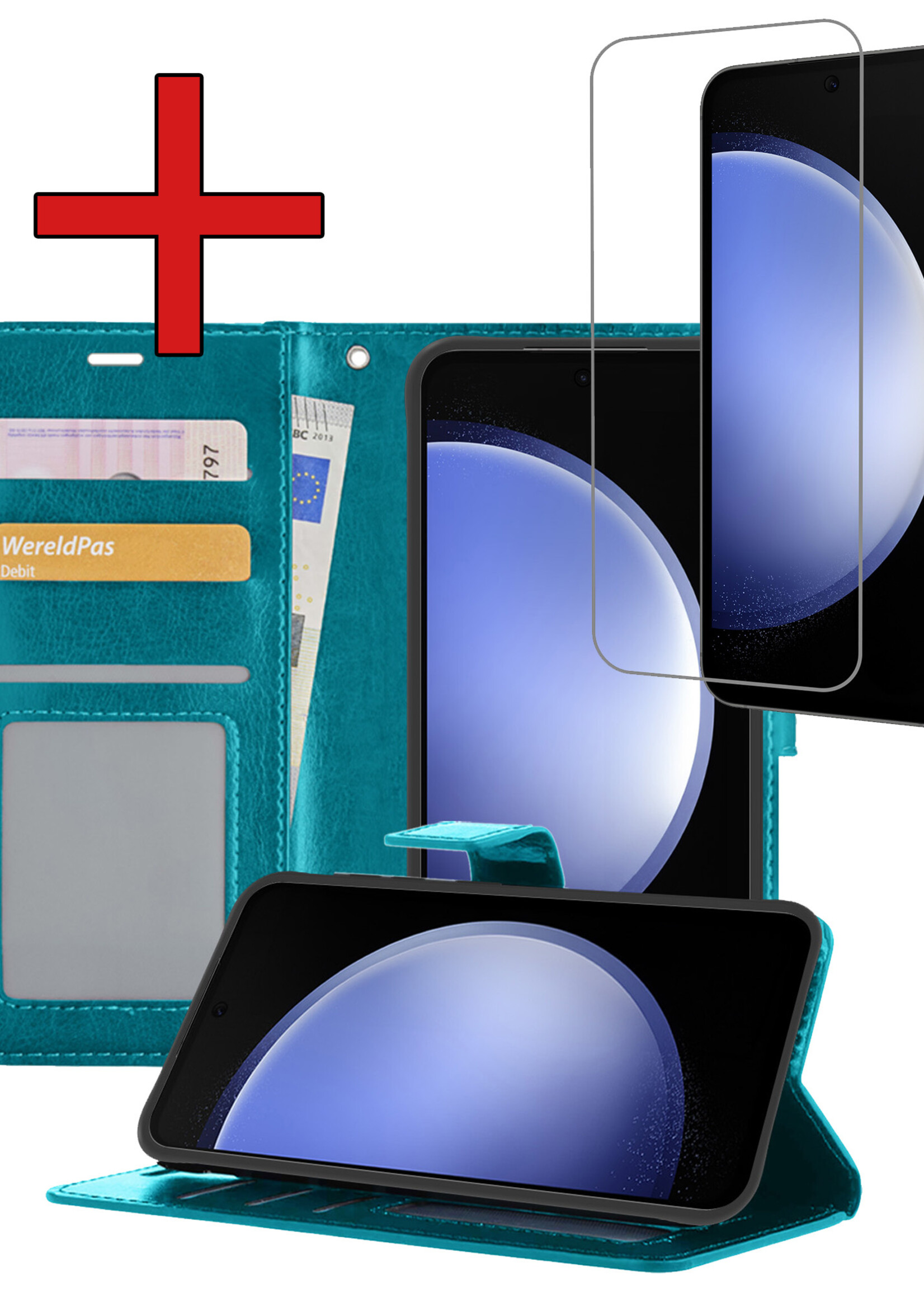 BTH Hoesje Geschikt voor Samsung S23 FE Hoesje Book Case Hoes Portemonnee Cover Walletcase Met Screenprotector - Hoes Geschikt voor Samsung Galaxy S23 FE Hoes Bookcase Hoesje - Turquoise