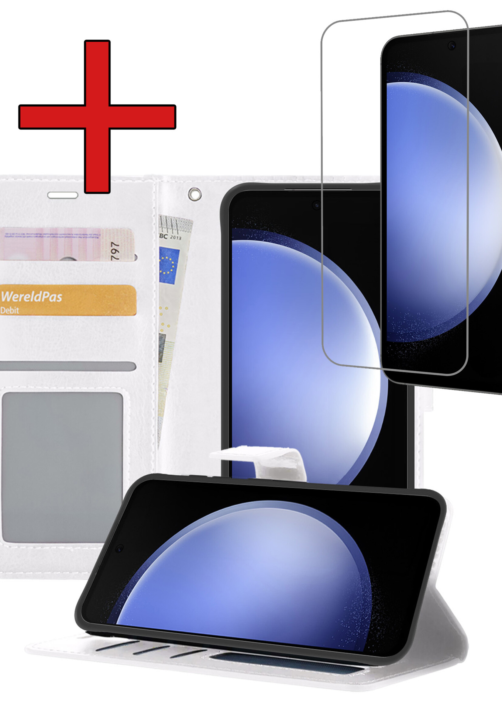 BTH Hoesje Geschikt voor Samsung S23 FE Hoesje Book Case Hoes Portemonnee Cover Walletcase Met Screenprotector - Hoes Geschikt voor Samsung Galaxy S23 FE Hoes Bookcase Hoesje - Wit