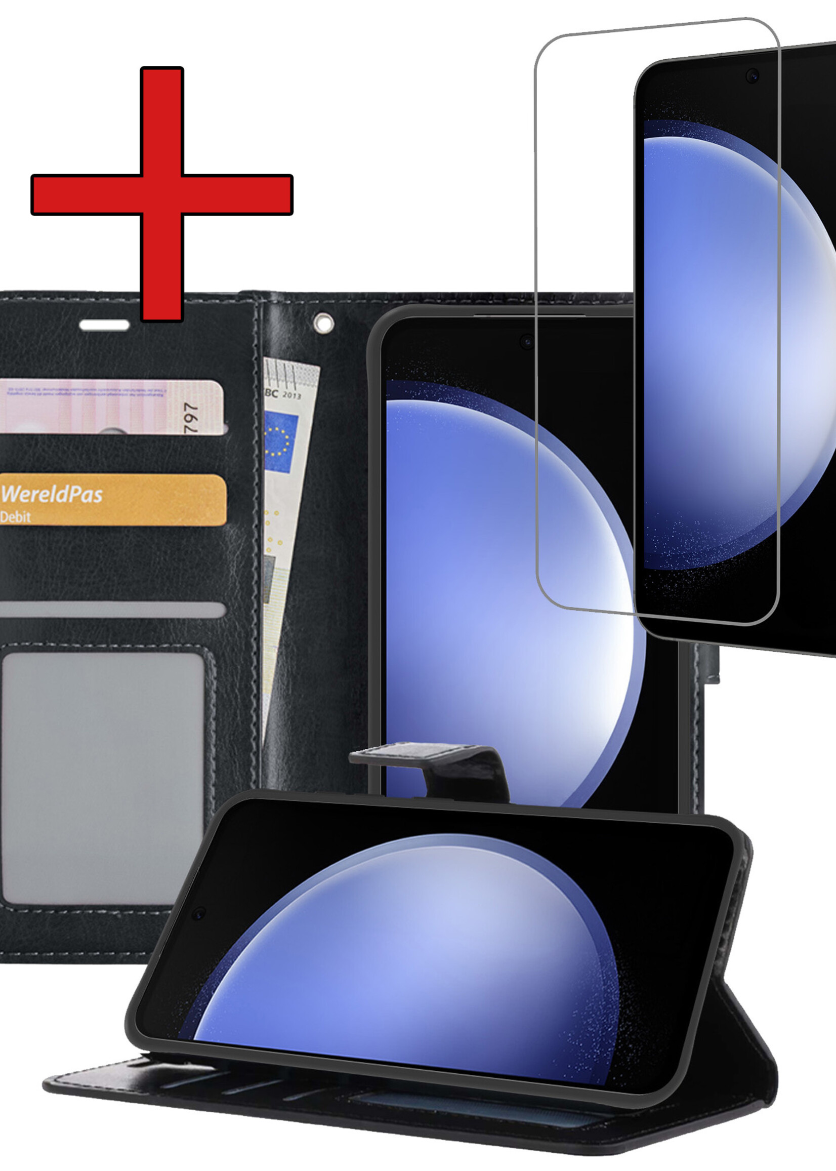 BTH Hoesje Geschikt voor Samsung S23 FE Hoesje Book Case Hoes Portemonnee Cover Walletcase Met Screenprotector - Hoes Geschikt voor Samsung Galaxy S23 FE Hoes Bookcase Hoesje - Zwart