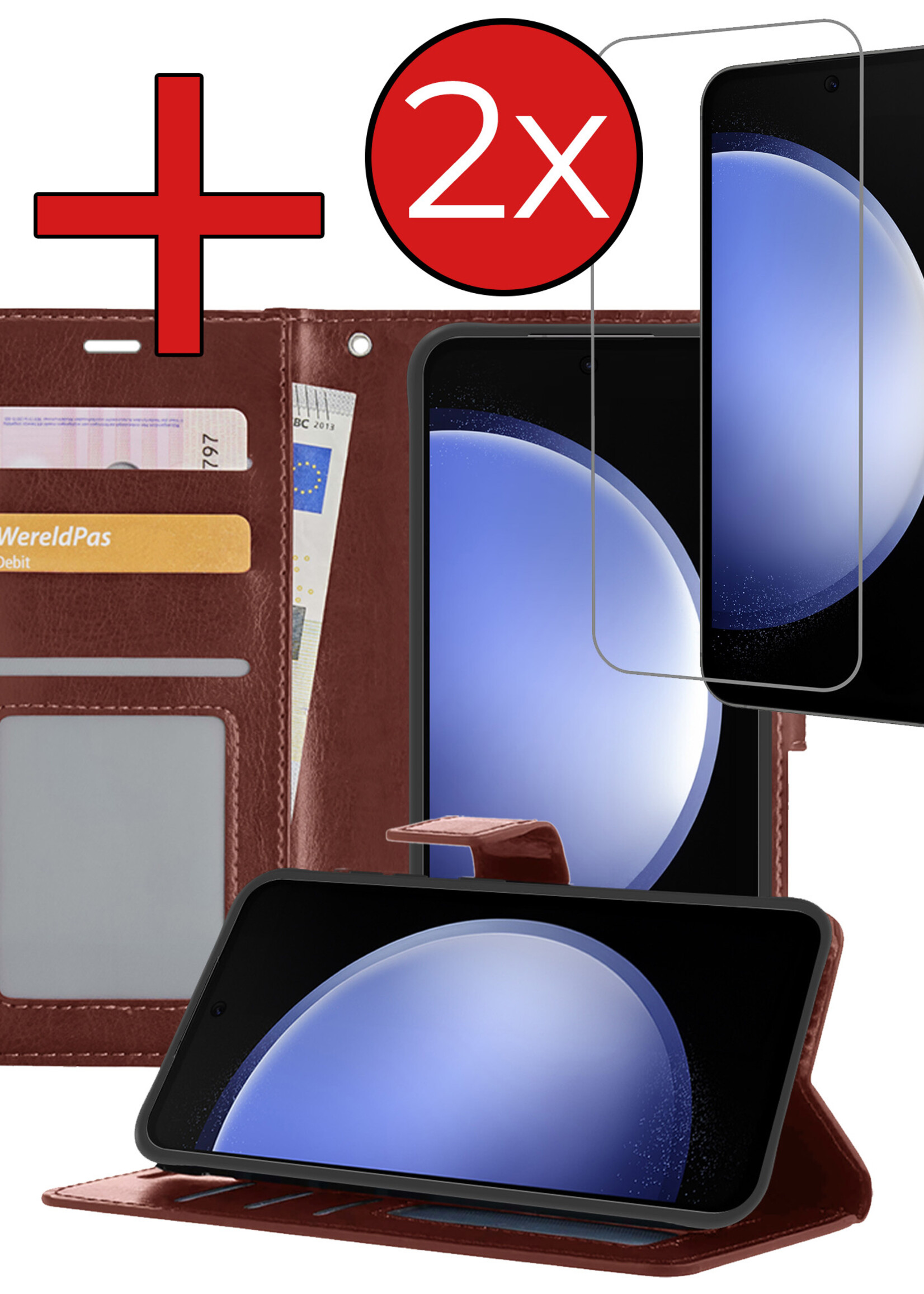 BTH Hoesje Geschikt voor Samsung S23 FE Hoesje Book Case Hoes Portemonnee Cover Walletcase Met 2x Screenprotector - Hoes Geschikt voor Samsung Galaxy S23 FE Hoes Bookcase Hoesje - Bruin