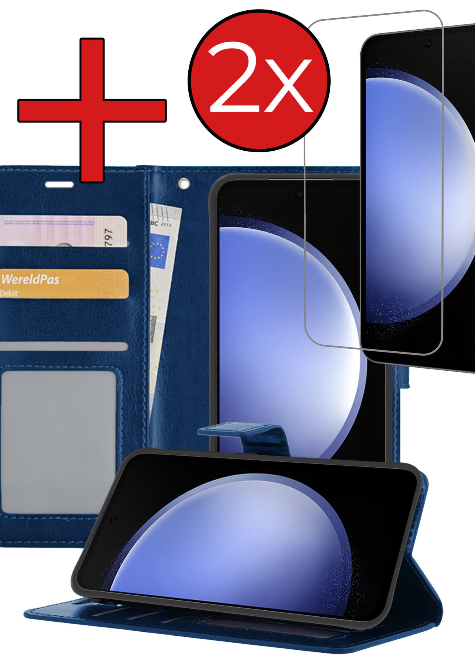 BTH Hoesje Geschikt voor Samsung S23 FE Hoesje Book Case Hoes Portemonnee Cover Walletcase Met 2x Screenprotector - Hoes Geschikt voor Samsung Galaxy S23 FE Hoes Bookcase Hoesje - Donkerblauw