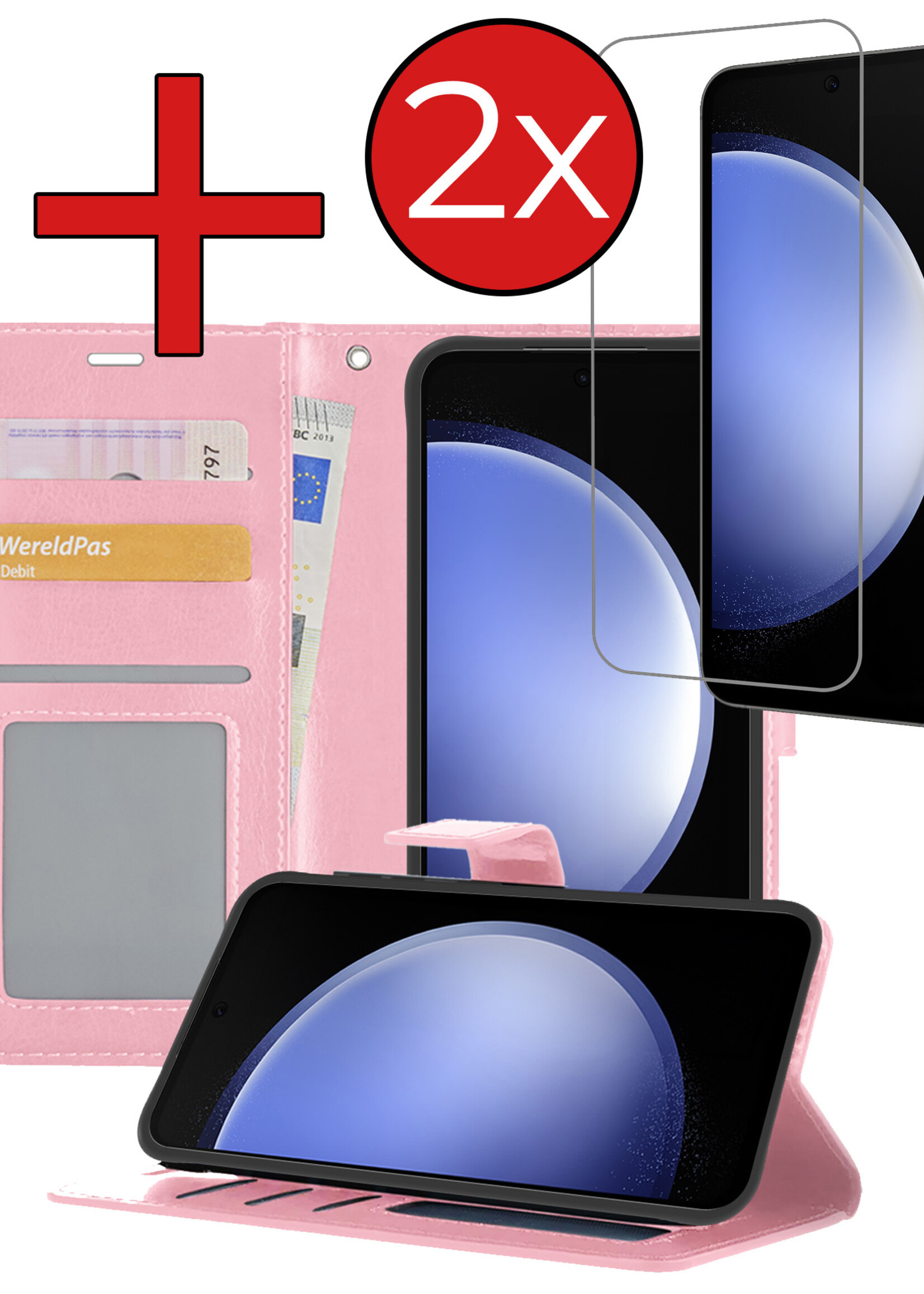 BTH Hoesje Geschikt voor Samsung S23 FE Hoesje Book Case Hoes Portemonnee Cover Walletcase Met 2x Screenprotector - Hoes Geschikt voor Samsung Galaxy S23 FE Hoes Bookcase Hoesje - Lichtroze