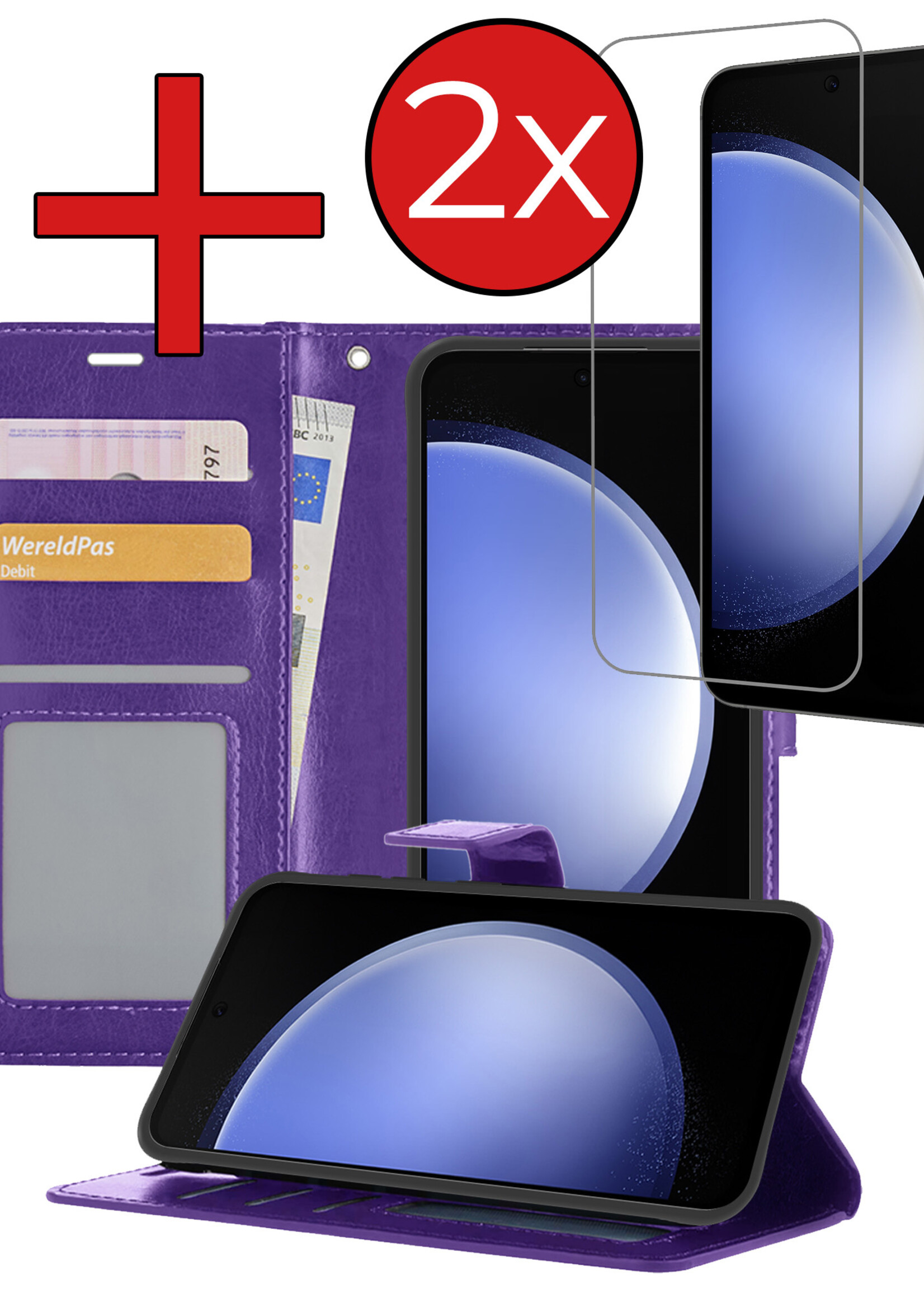BTH Hoesje Geschikt voor Samsung S23 FE Hoesje Book Case Hoes Portemonnee Cover Walletcase Met 2x Screenprotector - Hoes Geschikt voor Samsung Galaxy S23 FE Hoes Bookcase Hoesje - Paars