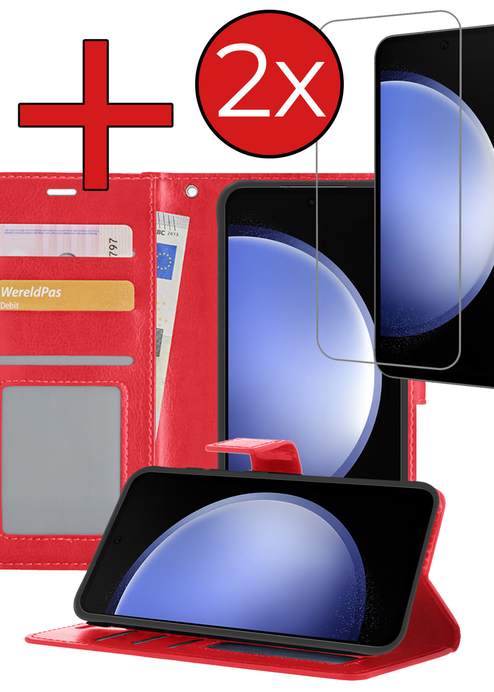 BTH Hoesje Geschikt voor Samsung S23 FE Hoesje Book Case Hoes Portemonnee Cover Walletcase Met 2x Screenprotector - Hoes Geschikt voor Samsung Galaxy S23 FE Hoes Bookcase Hoesje - Rood