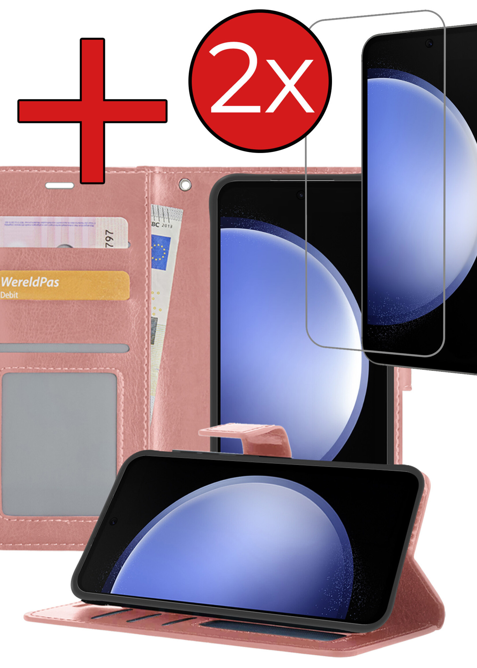 BTH Hoesje Geschikt voor Samsung S23 FE Hoesje Book Case Hoes Portemonnee Cover Walletcase Met 2x Screenprotector - Hoes Geschikt voor Samsung Galaxy S23 FE Hoes Bookcase Hoesje - Rosé goud