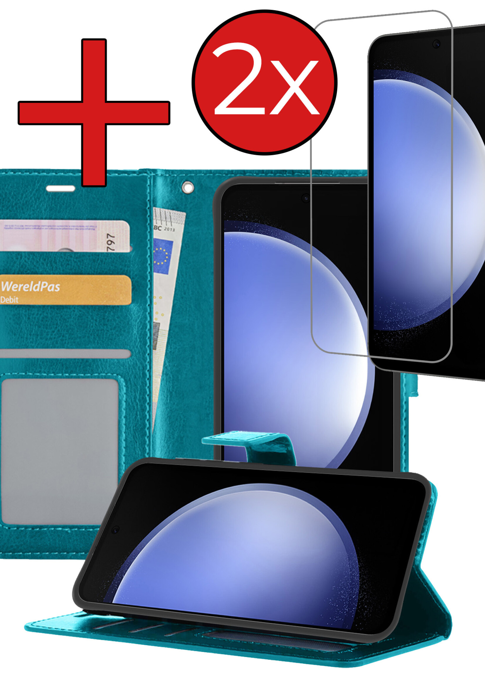 BTH Hoesje Geschikt voor Samsung S23 FE Hoesje Book Case Hoes Portemonnee Cover Walletcase Met 2x Screenprotector - Hoes Geschikt voor Samsung Galaxy S23 FE Hoes Bookcase Hoesje - Turquoise