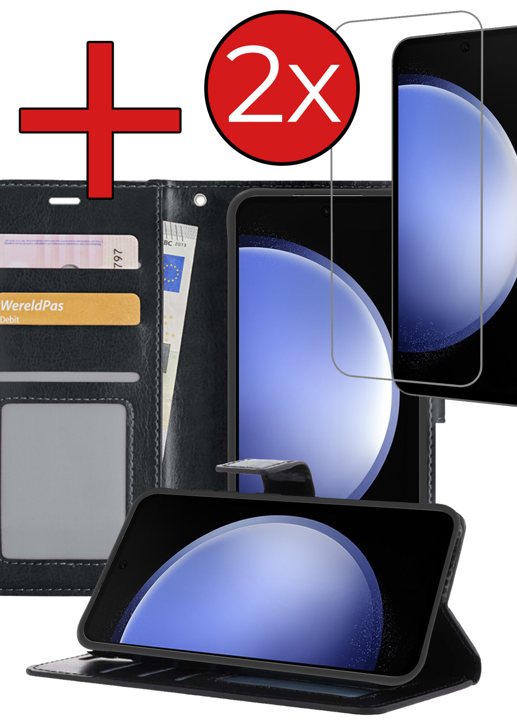 BTH Hoesje Geschikt voor Samsung S23 FE Hoesje Book Case Hoes Portemonnee Cover Walletcase Met 2x Screenprotector - Hoes Geschikt voor Samsung Galaxy S23 FE Hoes Bookcase Hoesje - Zwart