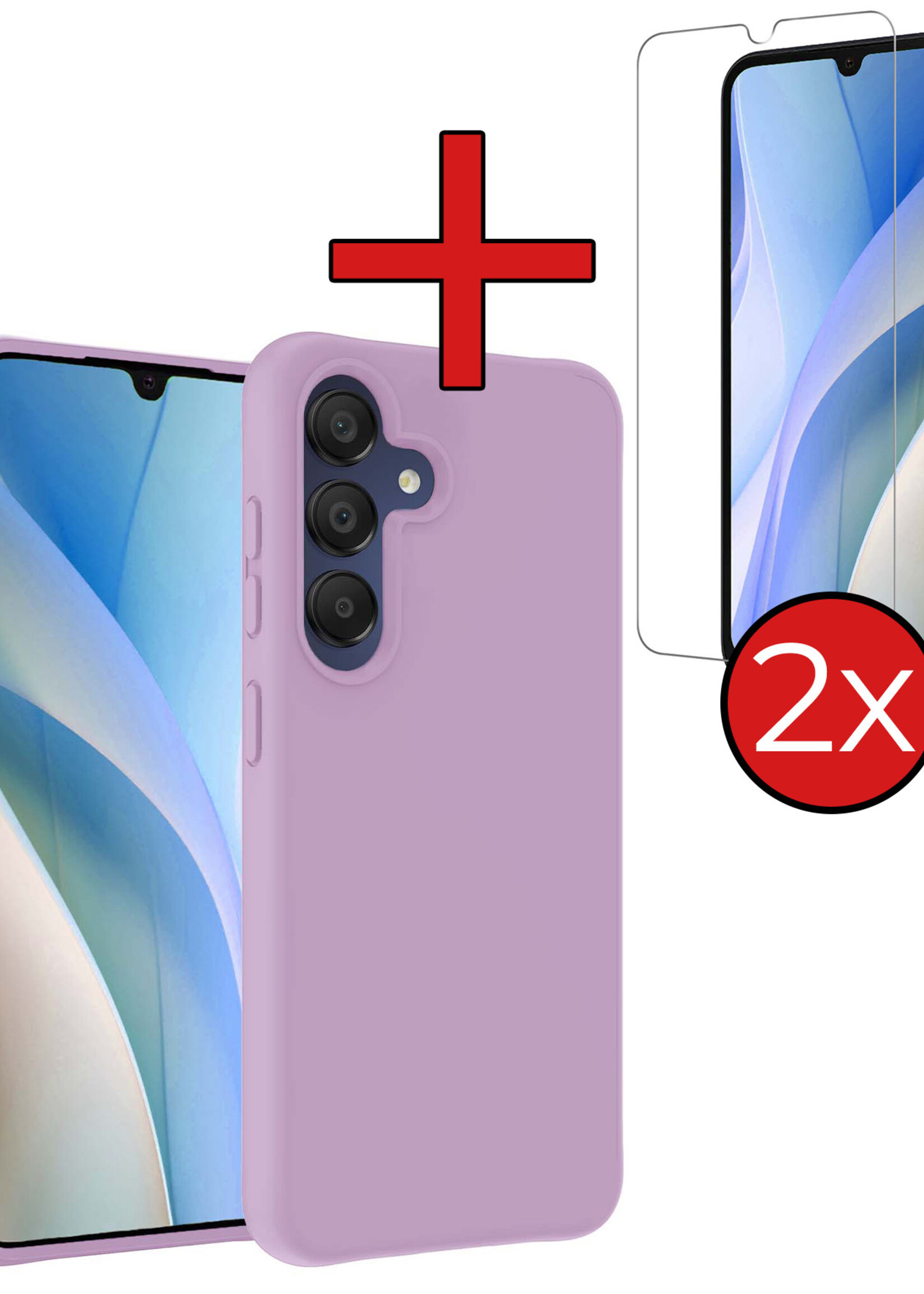 BTH Hoesje Geschikt voor Samsung A15 Hoesje Siliconen Case Hoes Met 2x Screenprotector - Hoes Geschikt voor Samsung Galaxy A15 Hoes Cover Case - Lila