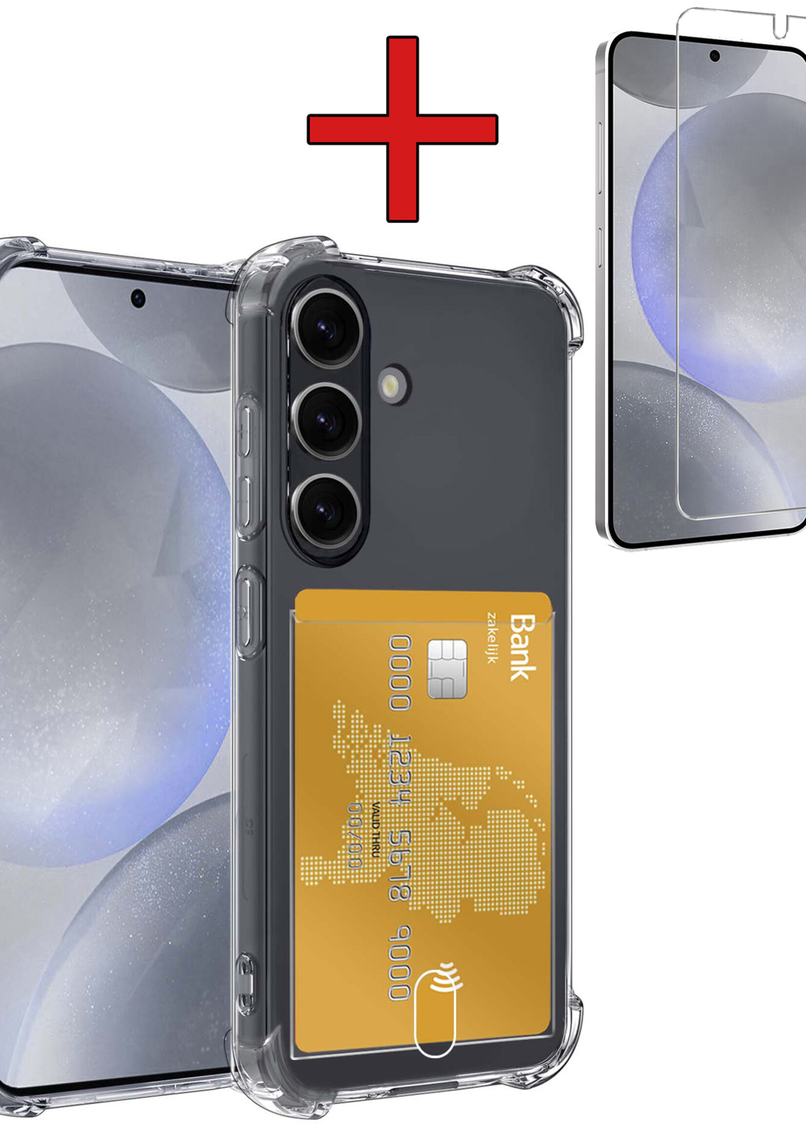 BTH Hoesje Geschikt voor Samsung S24 Plus Hoesje Met Pasjeshouder Siliconen Case Met Kaarthouder Met Screenprotector - Hoes Geschikt voor Samsung Galaxy S24 Plus Hoesje Shock Proof Case - Transparant