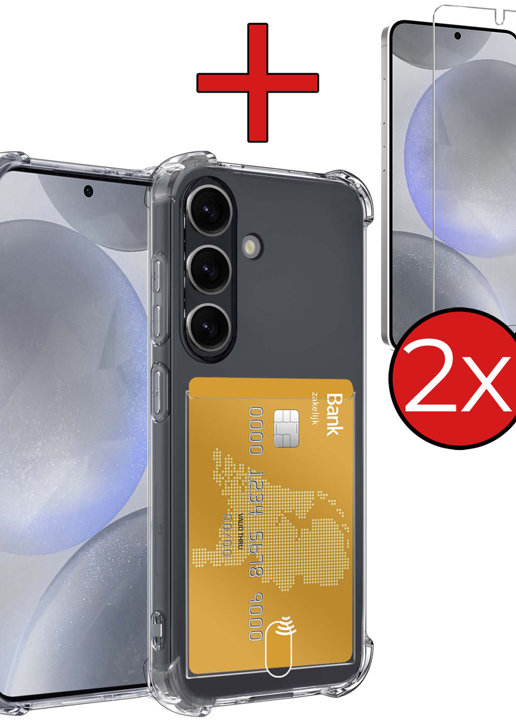 BTH Hoesje Geschikt voor Samsung S24 Hoesje Met Pasjeshouder Siliconen Case Met Kaarthouder Met 2x Screenprotector - Hoes Geschikt voor Samsung Galaxy S24 Hoesje Shock Proof Case - Transparant