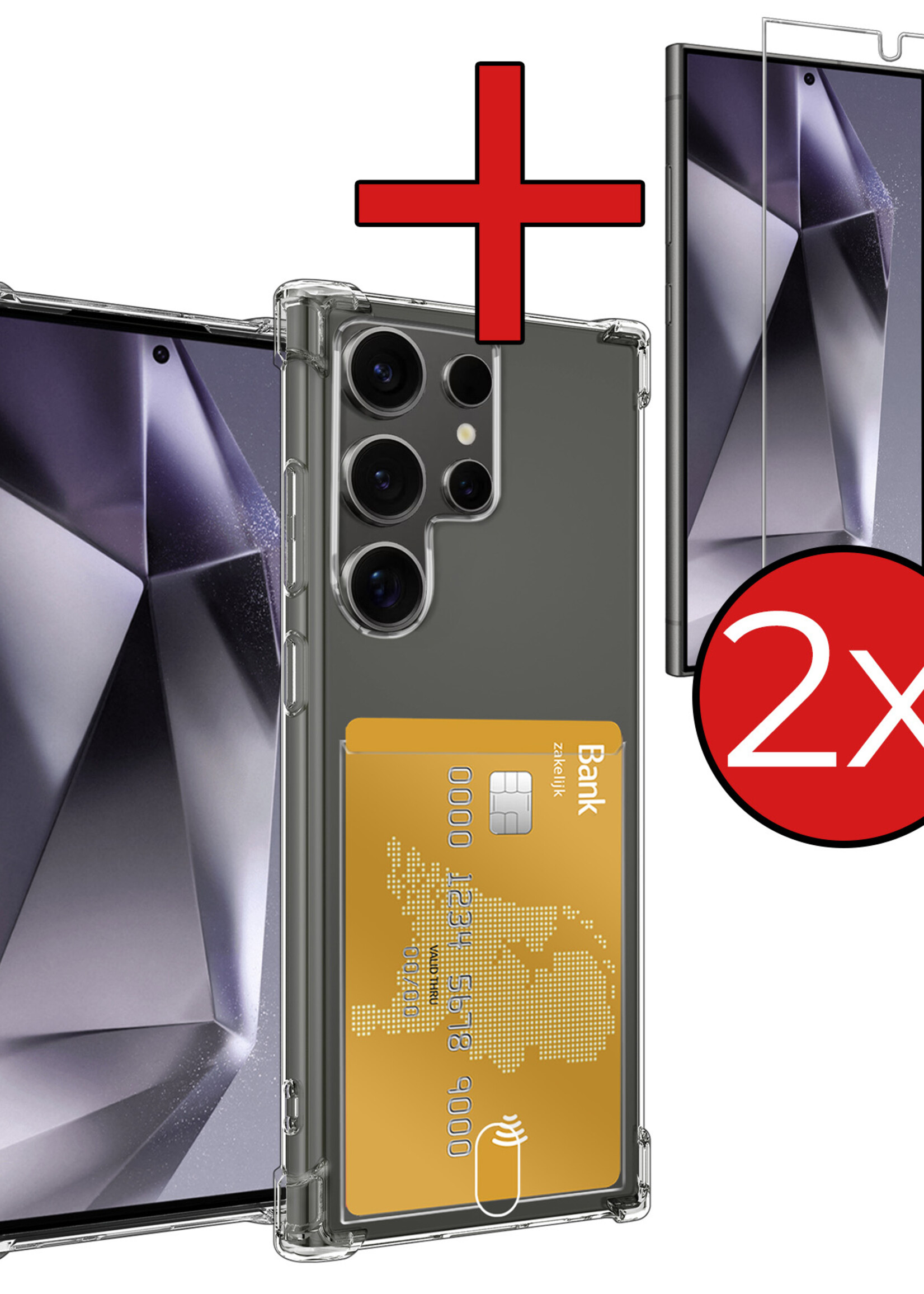 BTH Hoesje Geschikt voor Samsung S24 Ultra Hoesje Met Pasjeshouder Siliconen Case Met Kaarthouder Met 2x Screenprotector - Hoes Geschikt voor Samsung Galaxy S24 Ultra Hoesje Shock Proof Case - Transparant