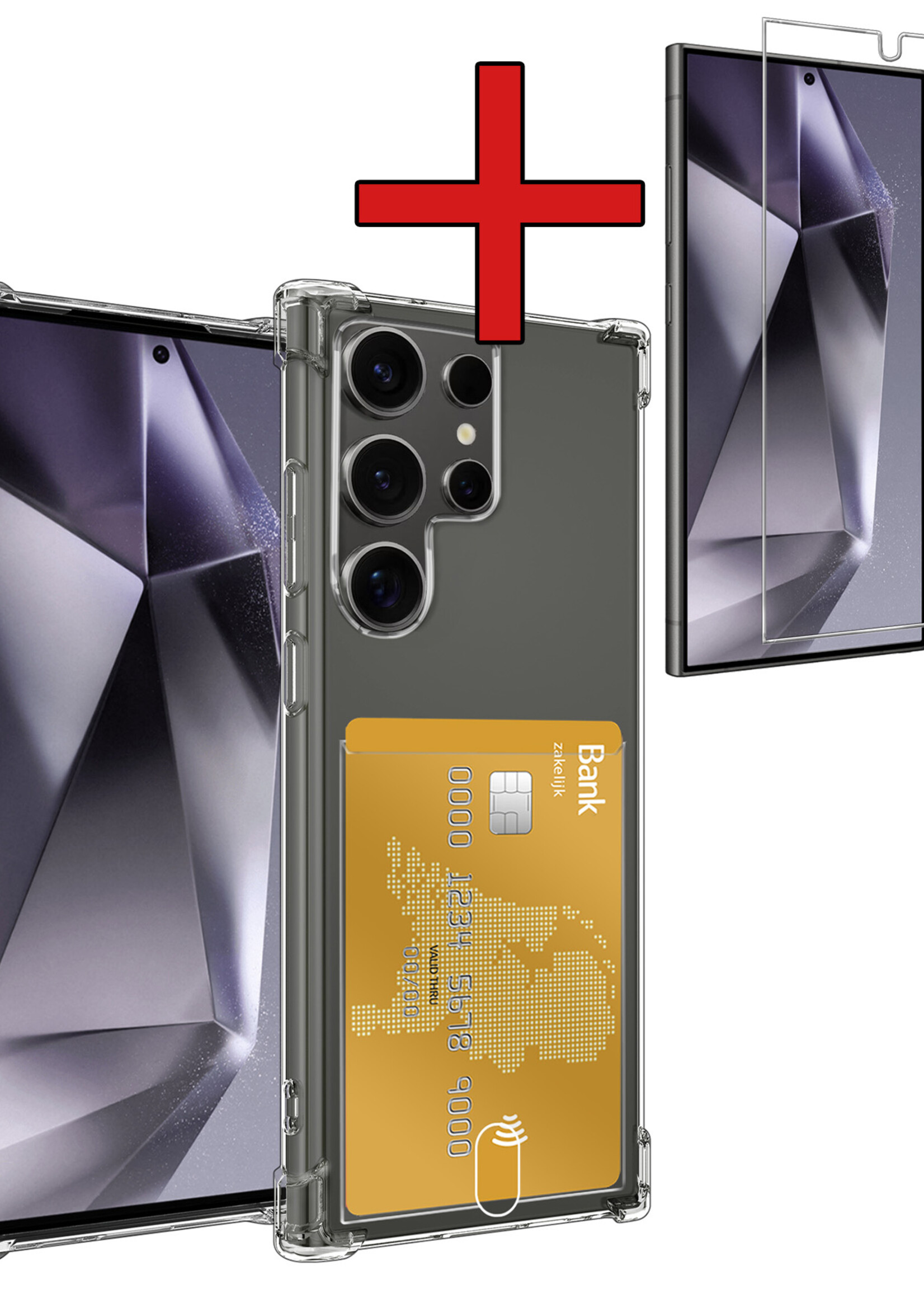 BTH Hoesje Geschikt voor Samsung S24 Ultra Hoesje Met Pasjeshouder Siliconen Case Met Kaarthouder Met Screenprotector - Hoes Geschikt voor Samsung Galaxy S24 Ultra Hoesje Shock Proof Case - Transparant