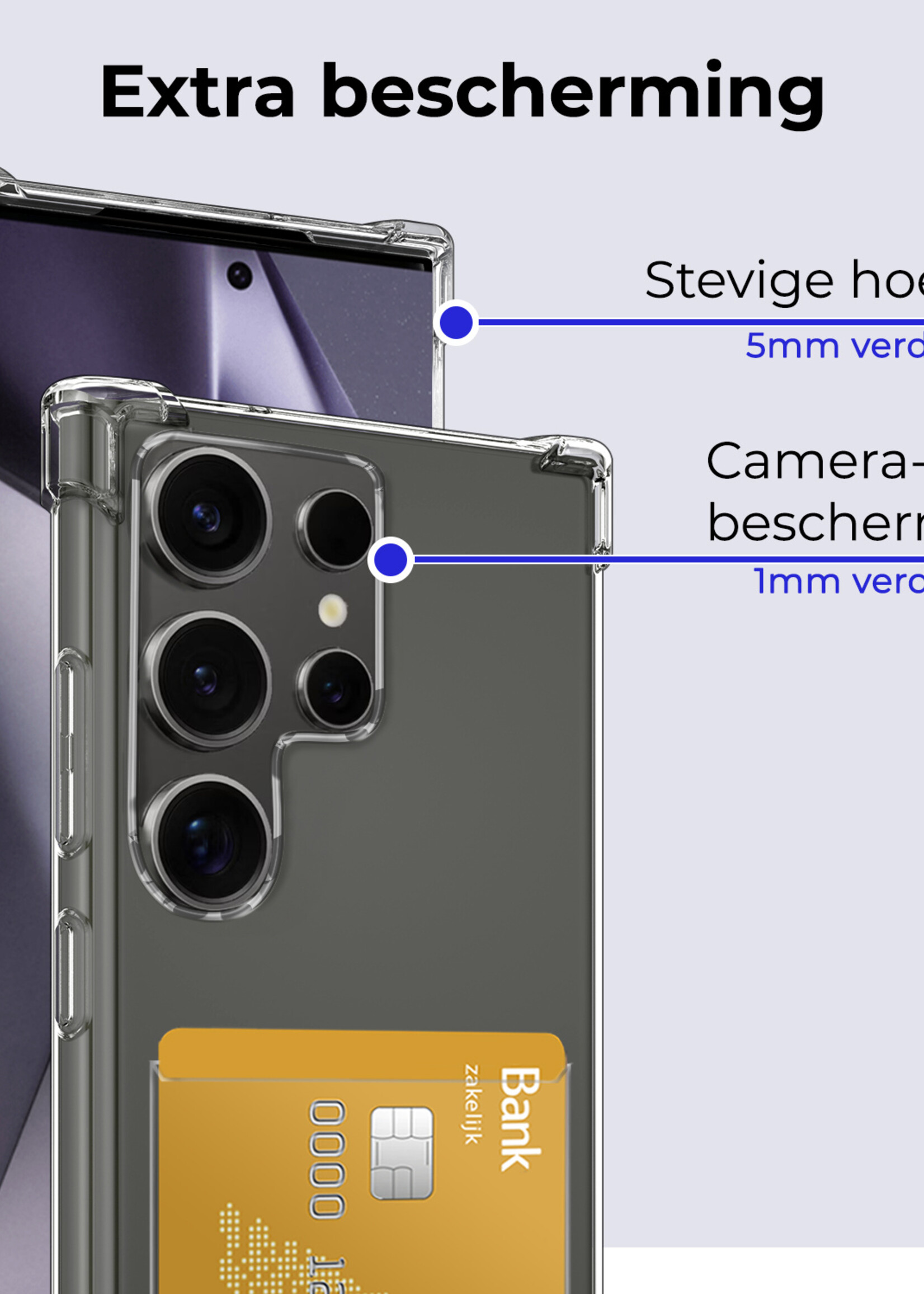 BTH Hoesje Geschikt voor Samsung S24 Ultra Hoesje Met Pasjeshouder Siliconen Case Met Kaarthouder Met Screenprotector - Hoes Geschikt voor Samsung Galaxy S24 Ultra Hoesje Shock Proof Case - Transparant