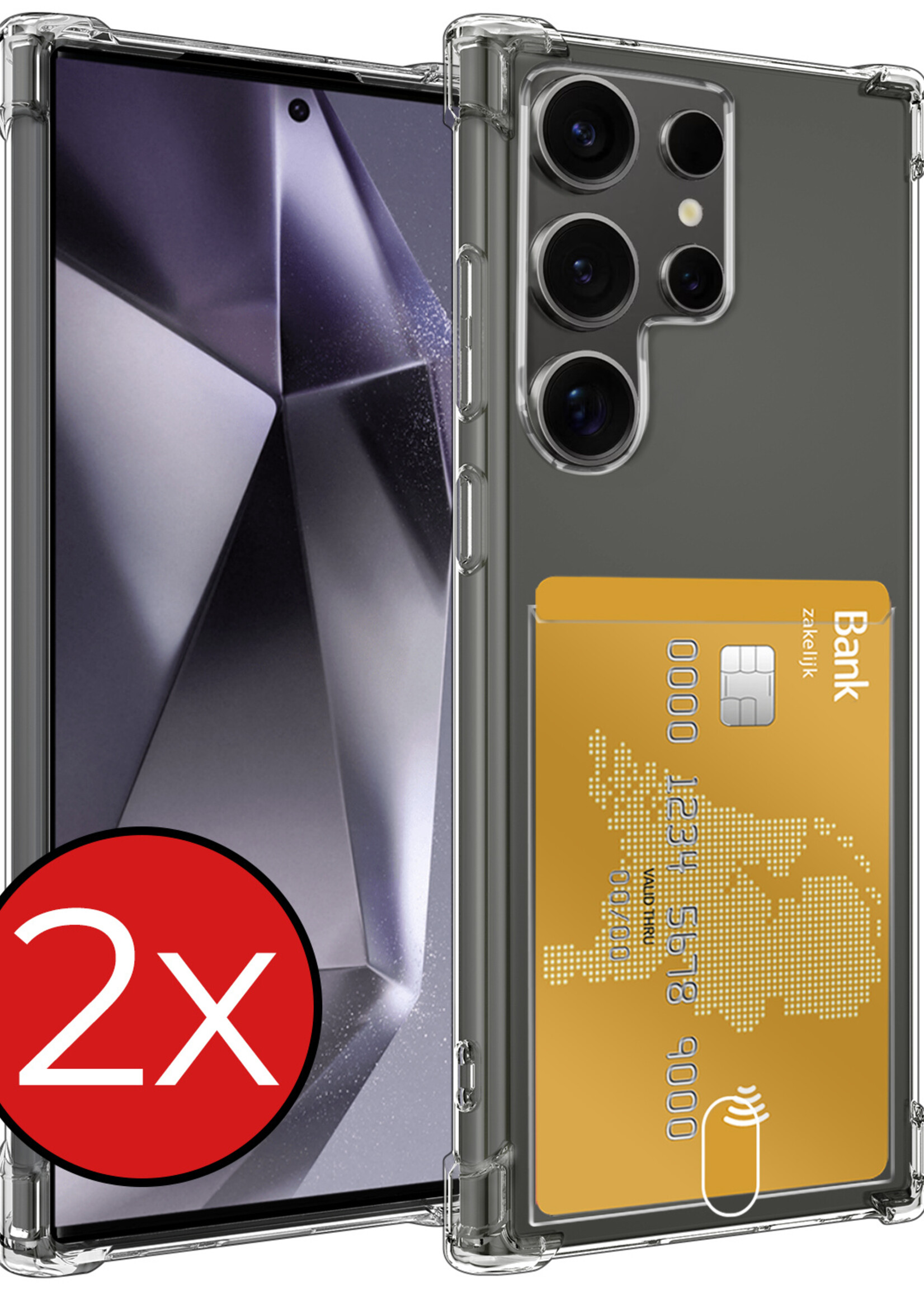 BTH Hoesje Geschikt voor Samsung S24 Ultra Hoesje Met Pasjeshouder Siliconen Case Met Kaarthouder - Hoes Geschikt voor Samsung Galaxy S24 Ultra Hoesje Shock Proof Case - Transparant - 2 PACK