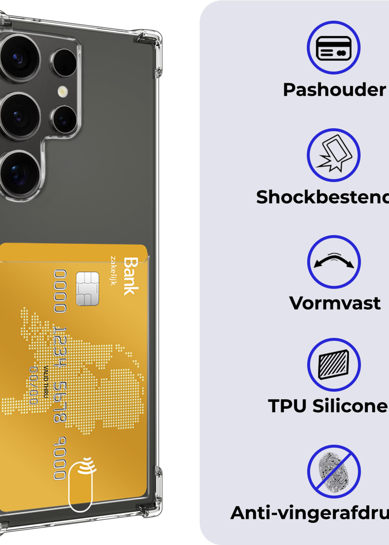 BTH Hoesje Geschikt voor Samsung S24 Ultra Hoesje Met Pasjeshouder Siliconen Case Met Kaarthouder Met 2x Screenprotector - Hoes Geschikt voor Samsung Galaxy S24 Ultra Hoesje Shock Proof Case - Transparant