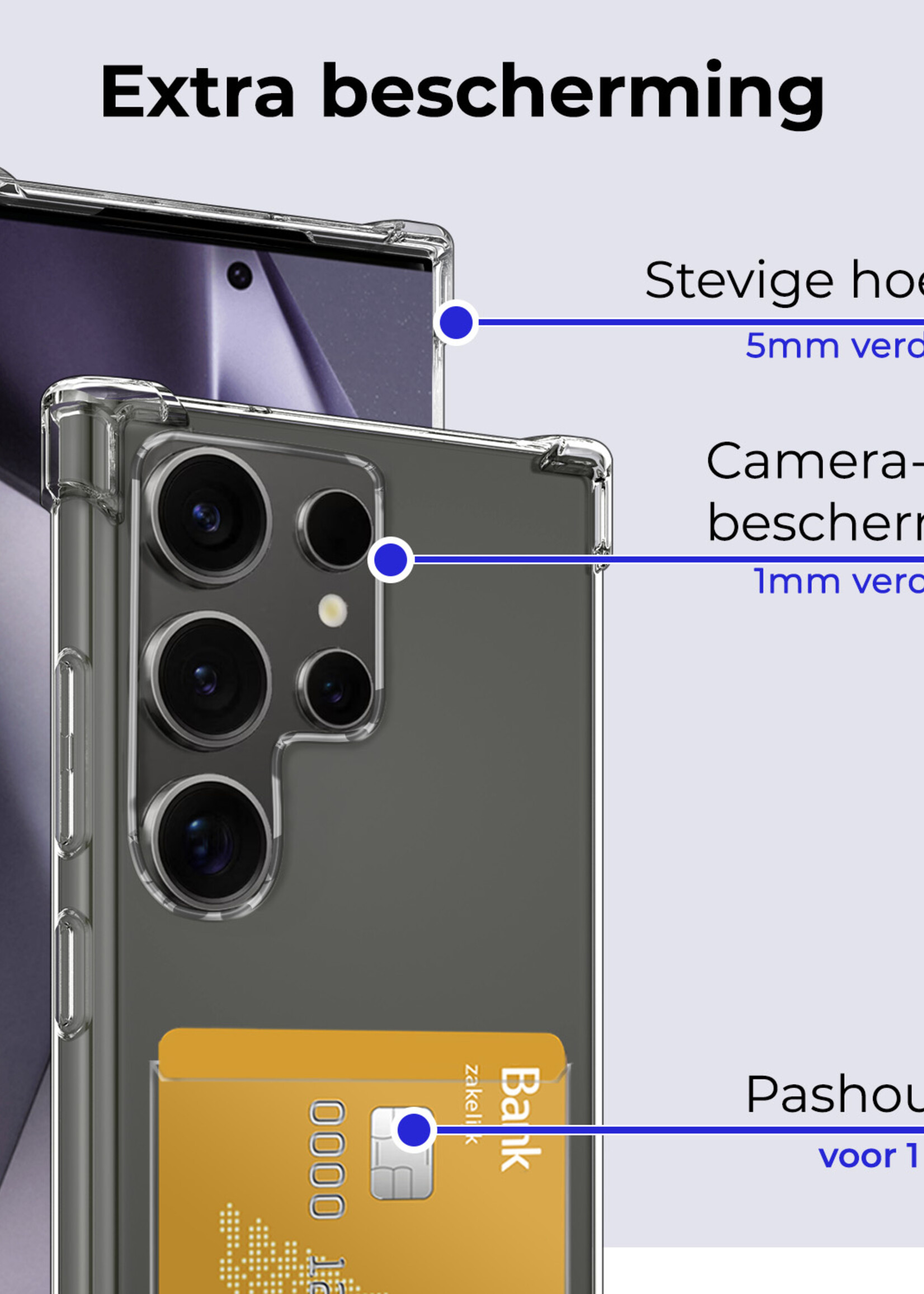 BTH Hoesje Geschikt voor Samsung S24 Ultra Hoesje Met Pasjeshouder Siliconen Case Met Kaarthouder Met 2x Screenprotector - Hoes Geschikt voor Samsung Galaxy S24 Ultra Hoesje Shock Proof Case - Transparant