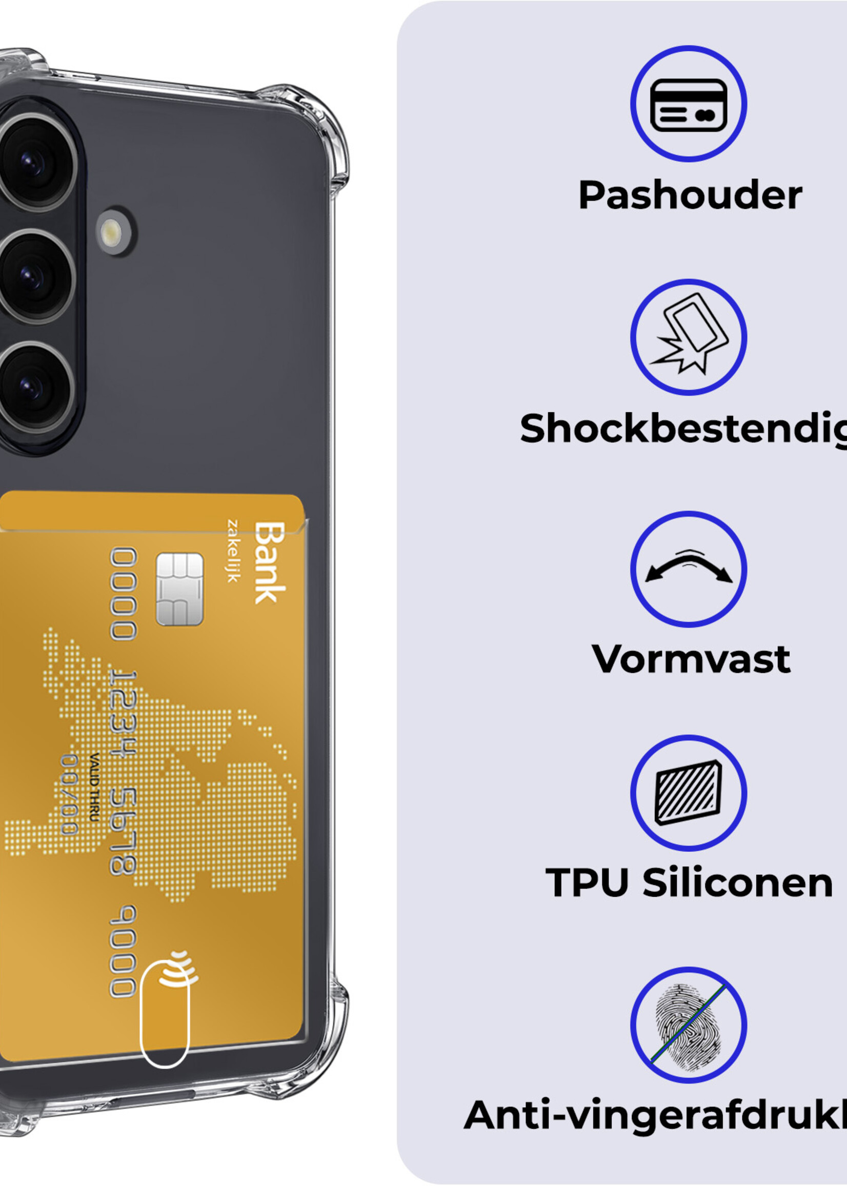 BTH Hoesje Geschikt voor Samsung S24 Hoesje Met Pasjeshouder Siliconen Case Met Kaarthouder - Hoes Geschikt voor Samsung Galaxy S24 Hoesje Shock Proof Case - Transparant - 2 PACK