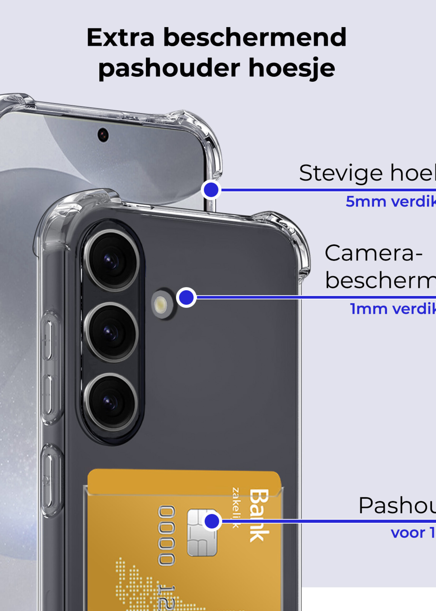 BTH Hoesje Geschikt voor Samsung S24 Hoesje Met Pasjeshouder Siliconen Case Met Kaarthouder - Hoes Geschikt voor Samsung Galaxy S24 Hoesje Shock Proof Case - Transparant - 2 PACK