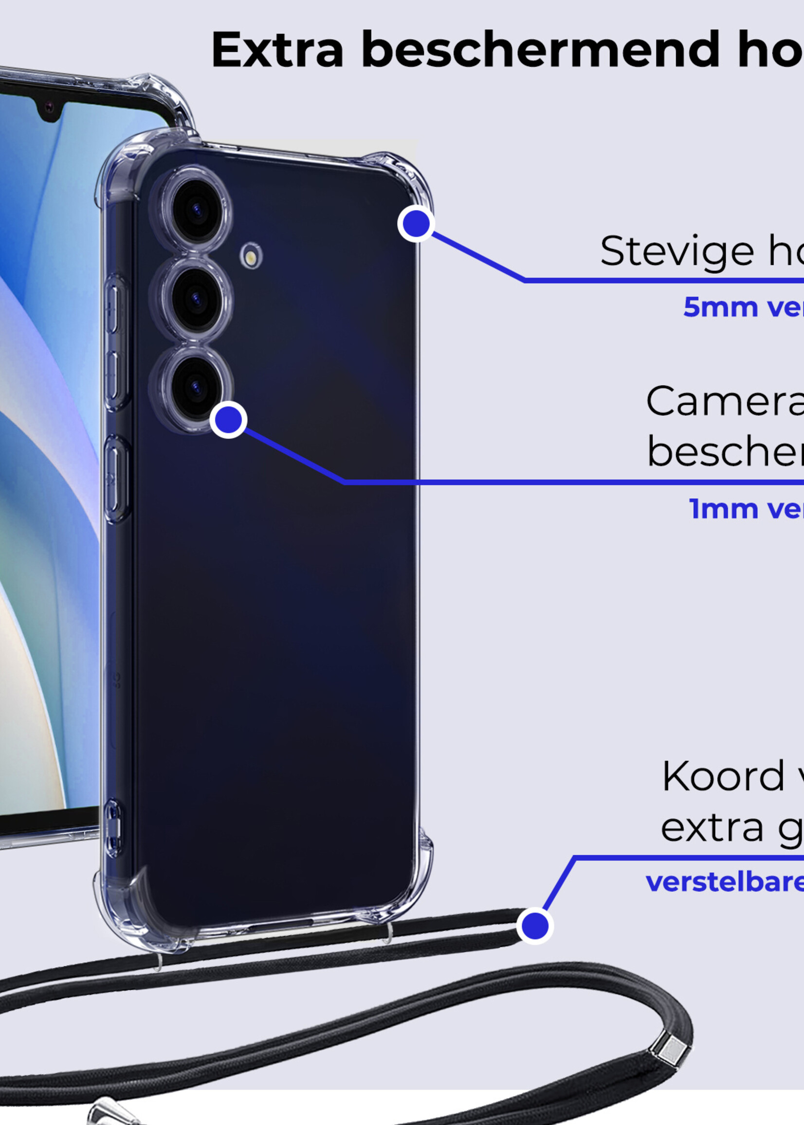 BTH Hoesje Geschikt voor Samsung A15 Hoesje Siliconen Shock Proof Hoesje Met Koord Case Met Telefoonkoord - Hoes Geschikt voor Samsung Galaxy A15 Hoesje Cover Shockproof Met Koord - Transparant