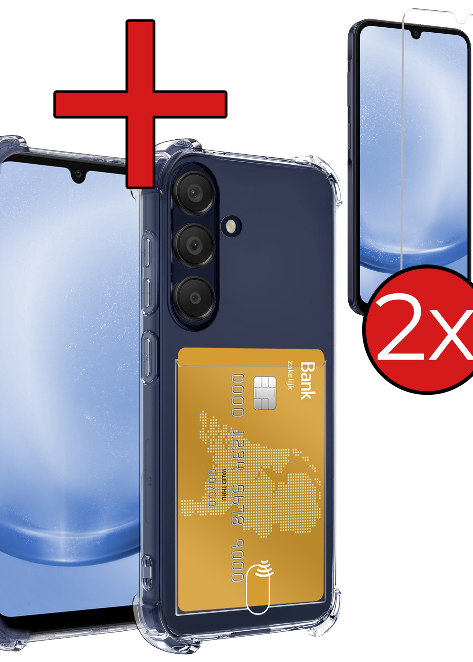 BTH Hoesje Geschikt voor Samsung A25 Hoesje Met Pasjeshouder Siliconen Case Met Kaarthouder Met 2x Screenprotector - Hoes Geschikt voor Samsung Galaxy A25 Hoesje Shock Proof Case - Transparant