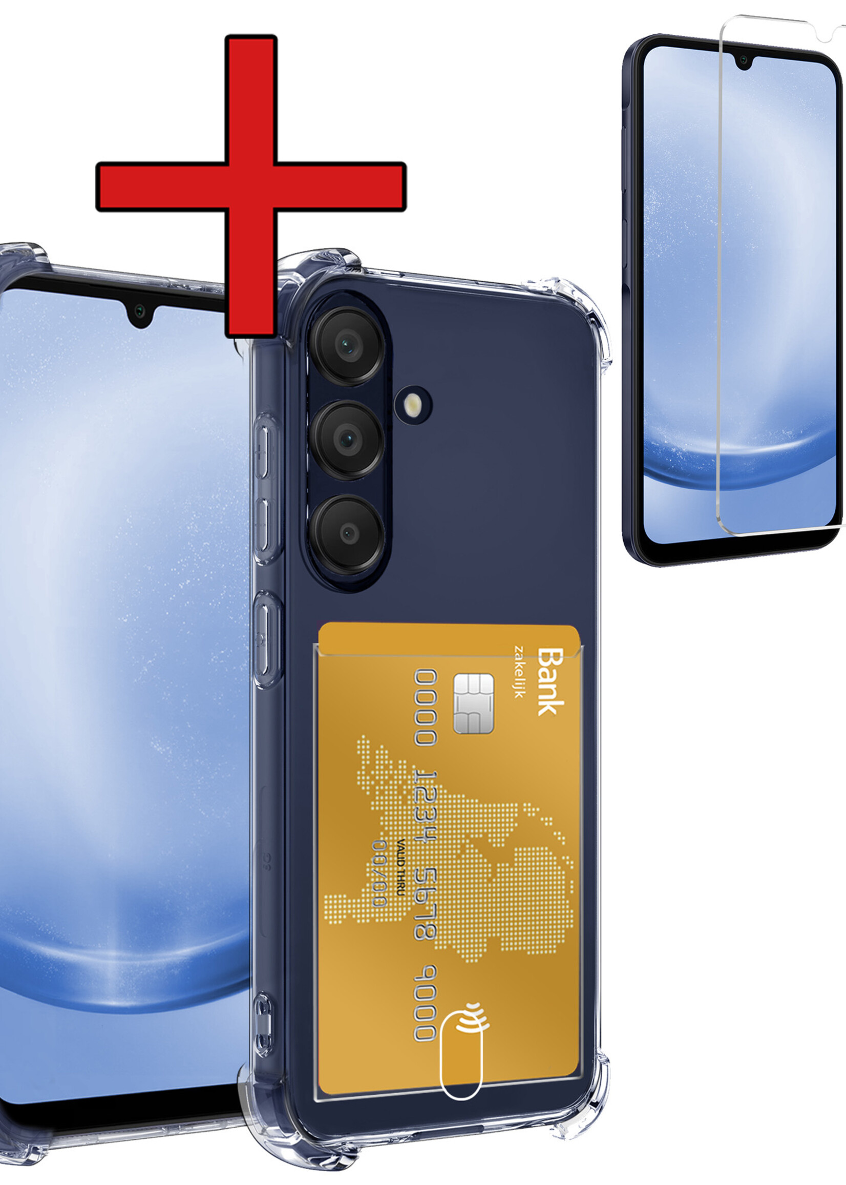 BTH Hoesje Geschikt voor Samsung A25 Hoesje Met Pasjeshouder Siliconen Case Met Kaarthouder Met Screenprotector - Hoes Geschikt voor Samsung Galaxy A25 Hoesje Shock Proof Case - Transparant